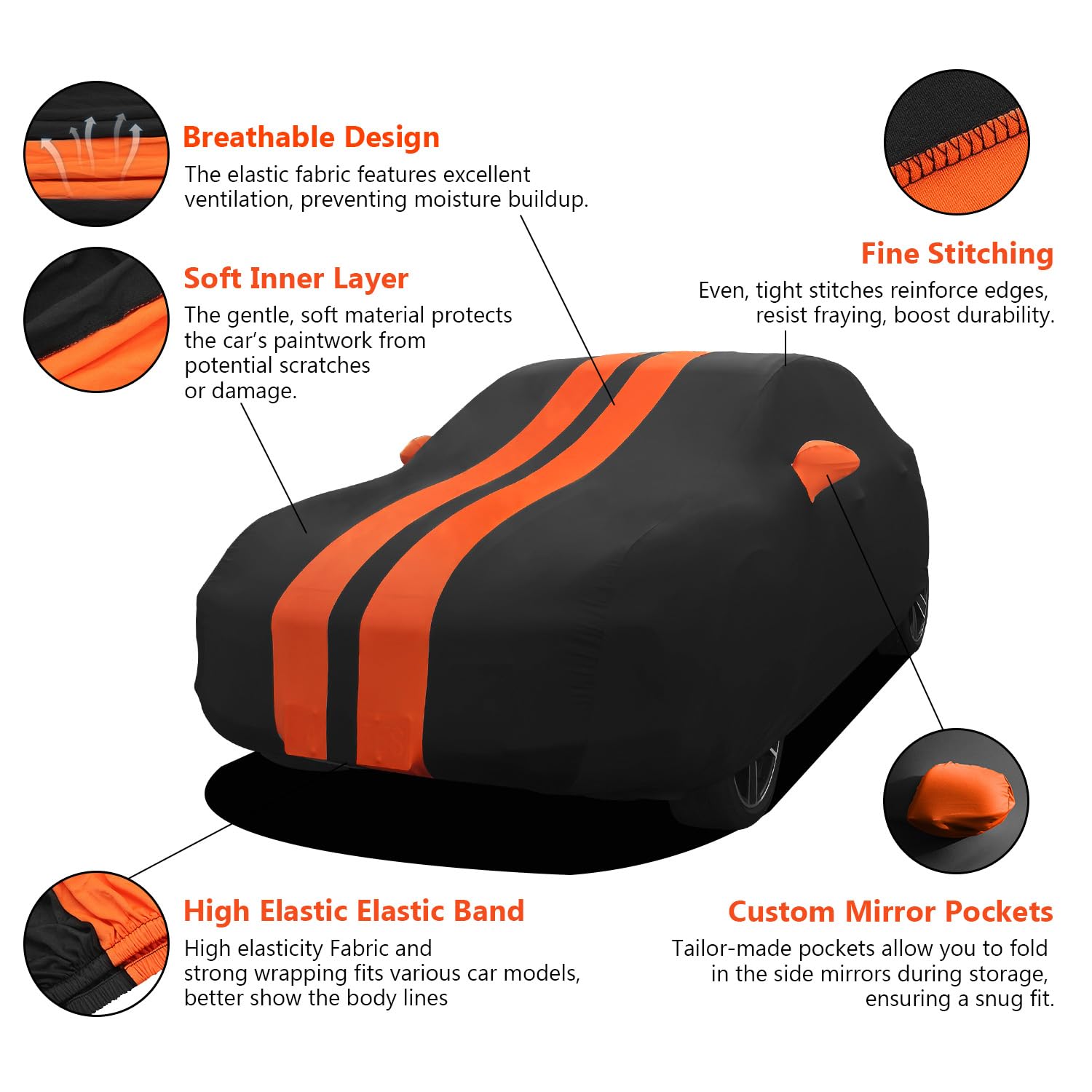 TECTICO Funda Coche Interior Completa SUV 4,75-5,1m Elástica Transpirable Stretch y Suave Antipolvo Protectora Universal, Ideal para Garaje, Subterráneo y Exhibición, Negro+Naranja