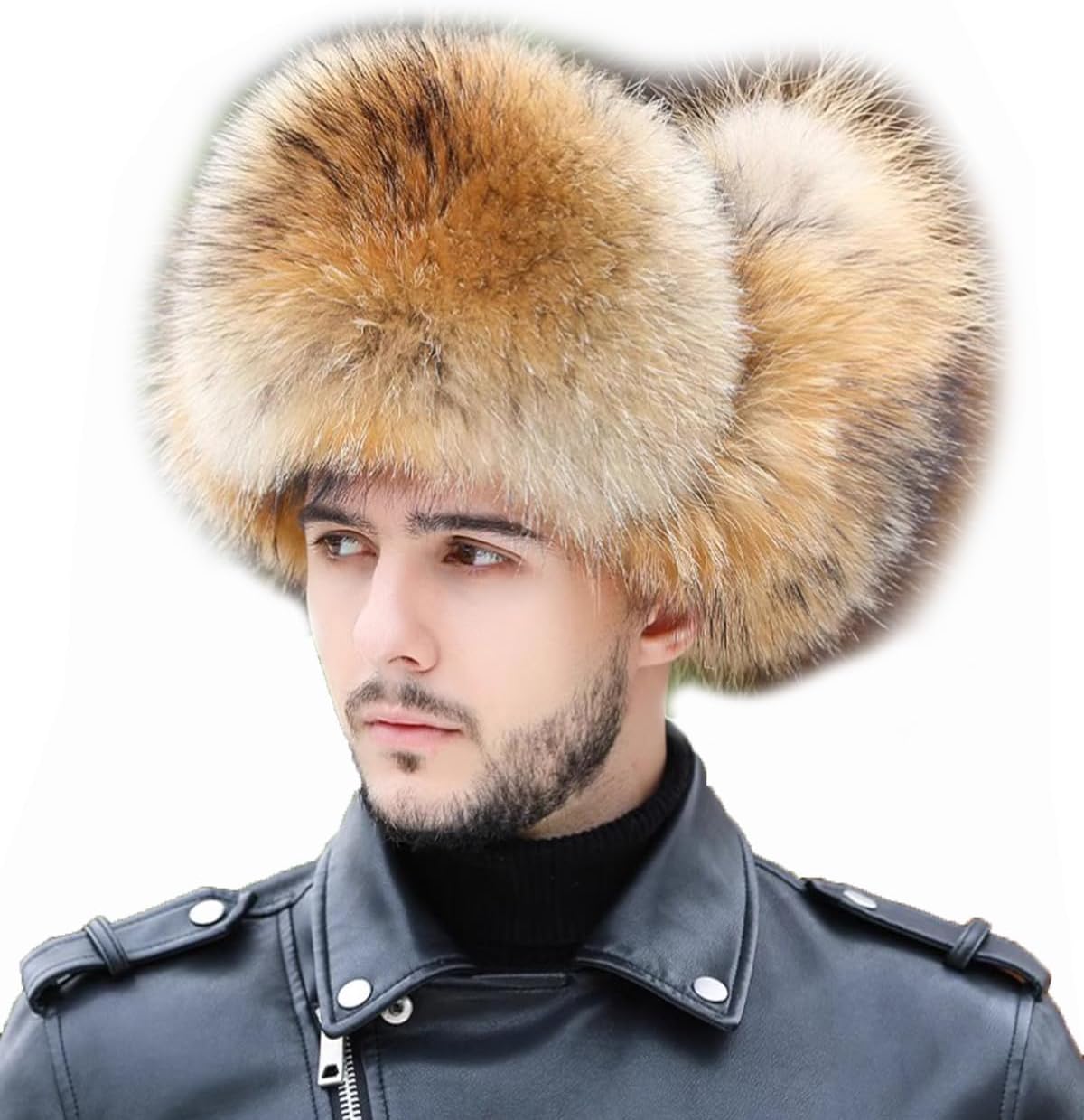 Mens Winter Hats Real Raccoon Hair Hat Sheepskin Shell Russian Ushanka Hats Size Adjustable