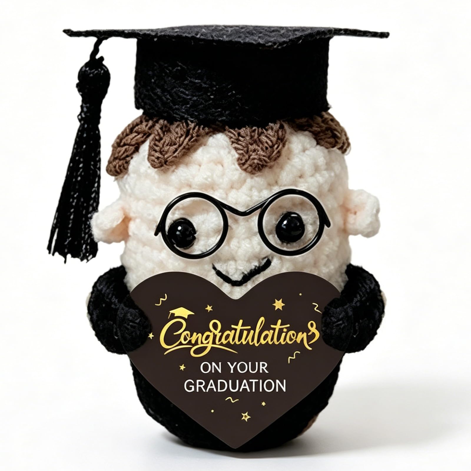 Handmade Knitted Positive Toast Doll with Inspirational Card – Mini Funny Graduation Gifts for Woman Man,Encourage Students,Luck for Exam Graduation Presents Birthday,Home Office Desk Decor (Gold1)