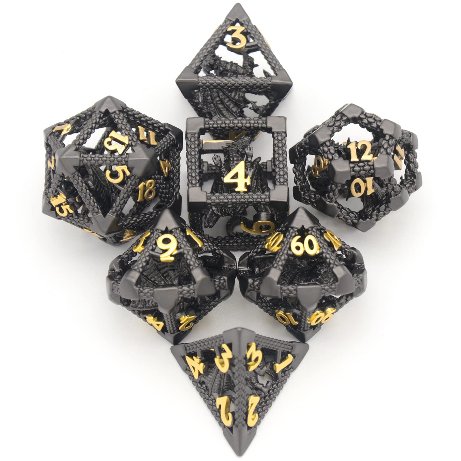 Set di Dadi Poliedrici in Metallo HNCCESG – 7 Pezzi per Giochi di Ruolo e da Tavolo (Design 3D Drago Cavo, Nero)