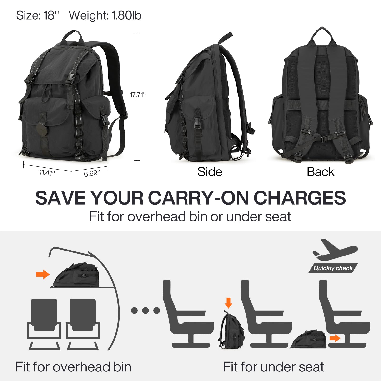 mixi Reiserucksack für Männer & Frauen, 18 Zoll Handgepäck-Tauglich für 16 Zoll Laptop, Leicht & Wasserdicht Wanderrucksack für Outdoor, Business & Casual, Schwarz