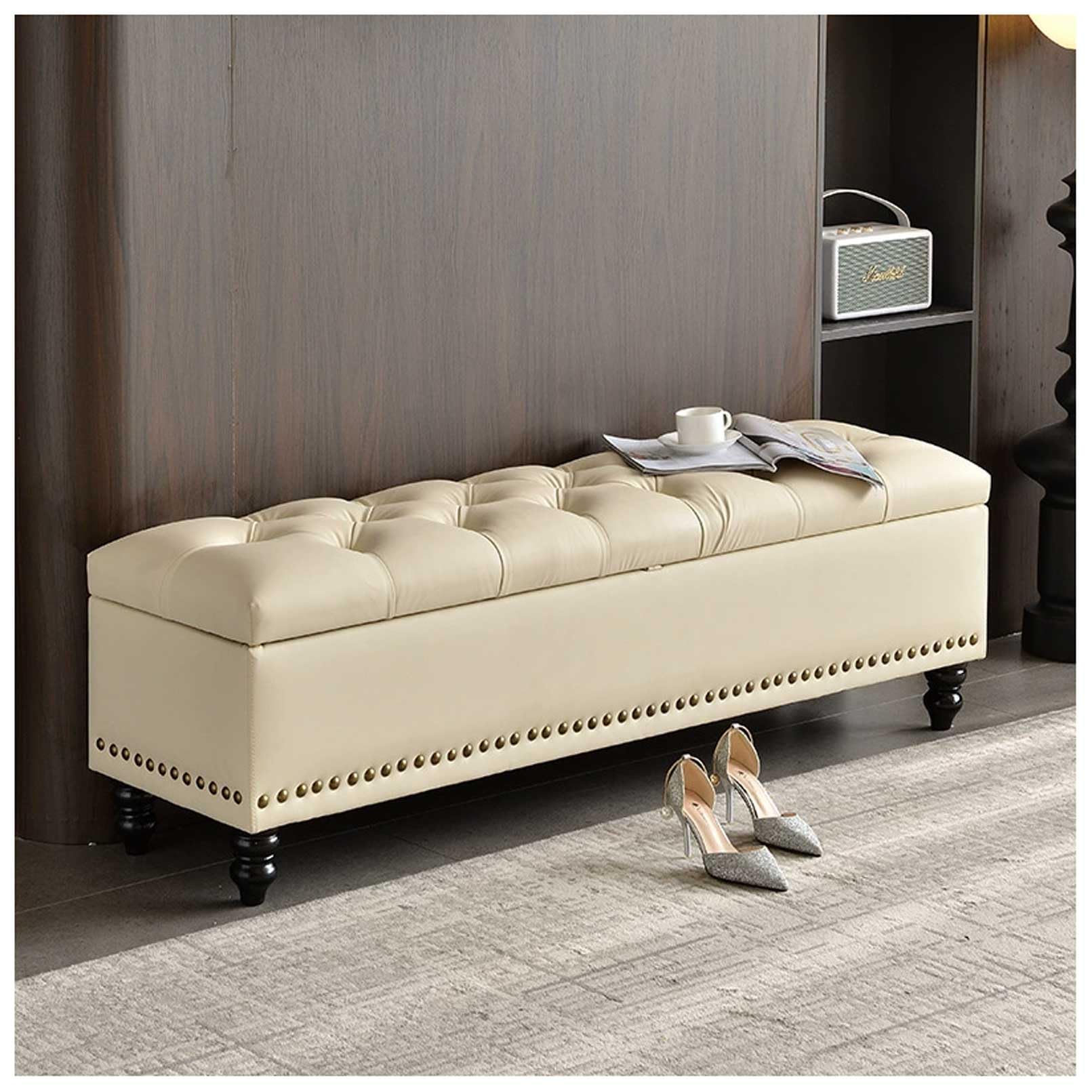 MSHGSKU Wooden Bench Storage Ottoman 330kg Capacity White 2.47x15.7x16.9in Versatile Footrest & Shoe Bench for Bedroom Living Room Stylish End of Bed Pouf