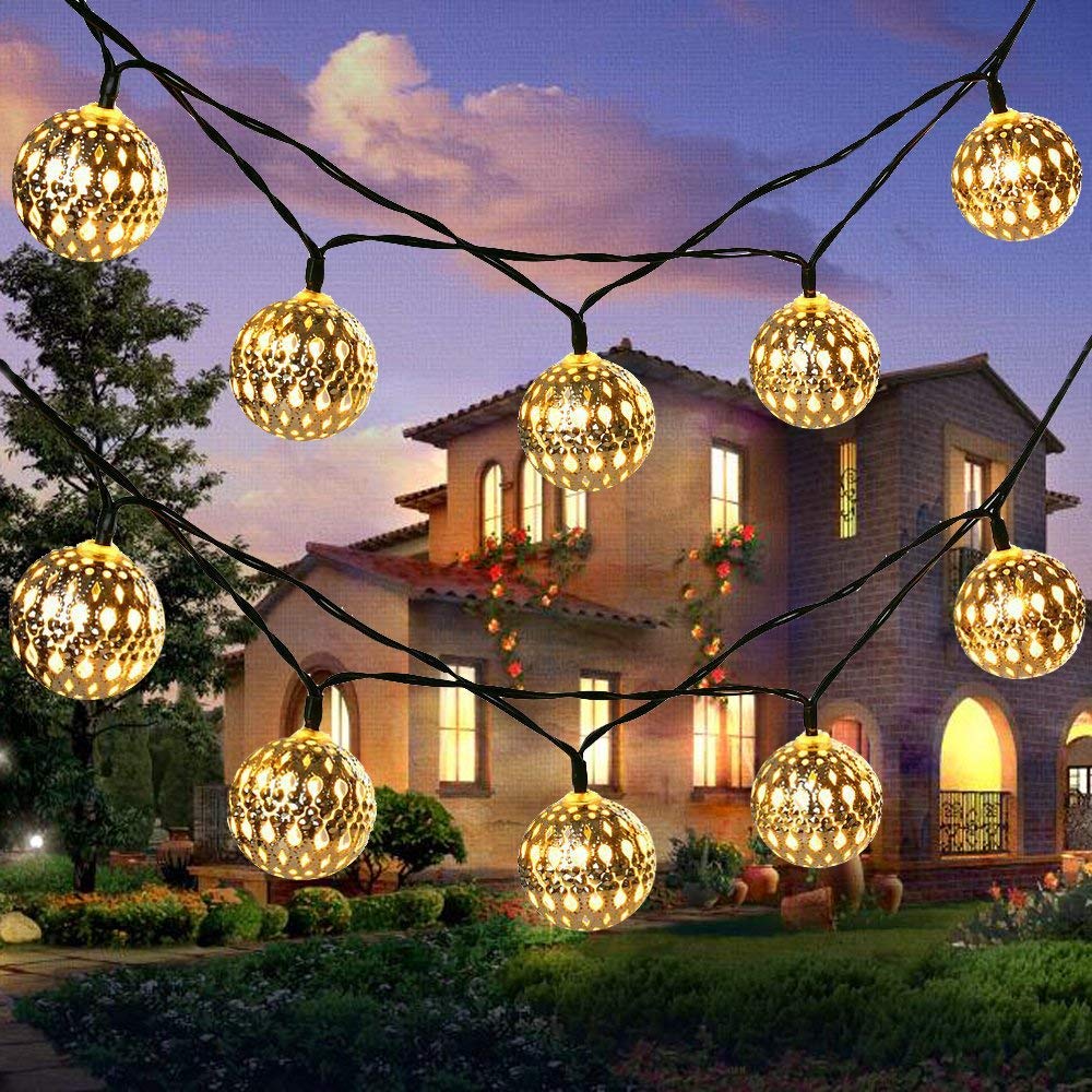 Azhu Warm White Solar Morocco Light Ball, Moroccan String Light 12M 100Led Solar Morocco Ball Outdoor String Light With 8 Modes Waterproof Garden Light (7M 50Led, )