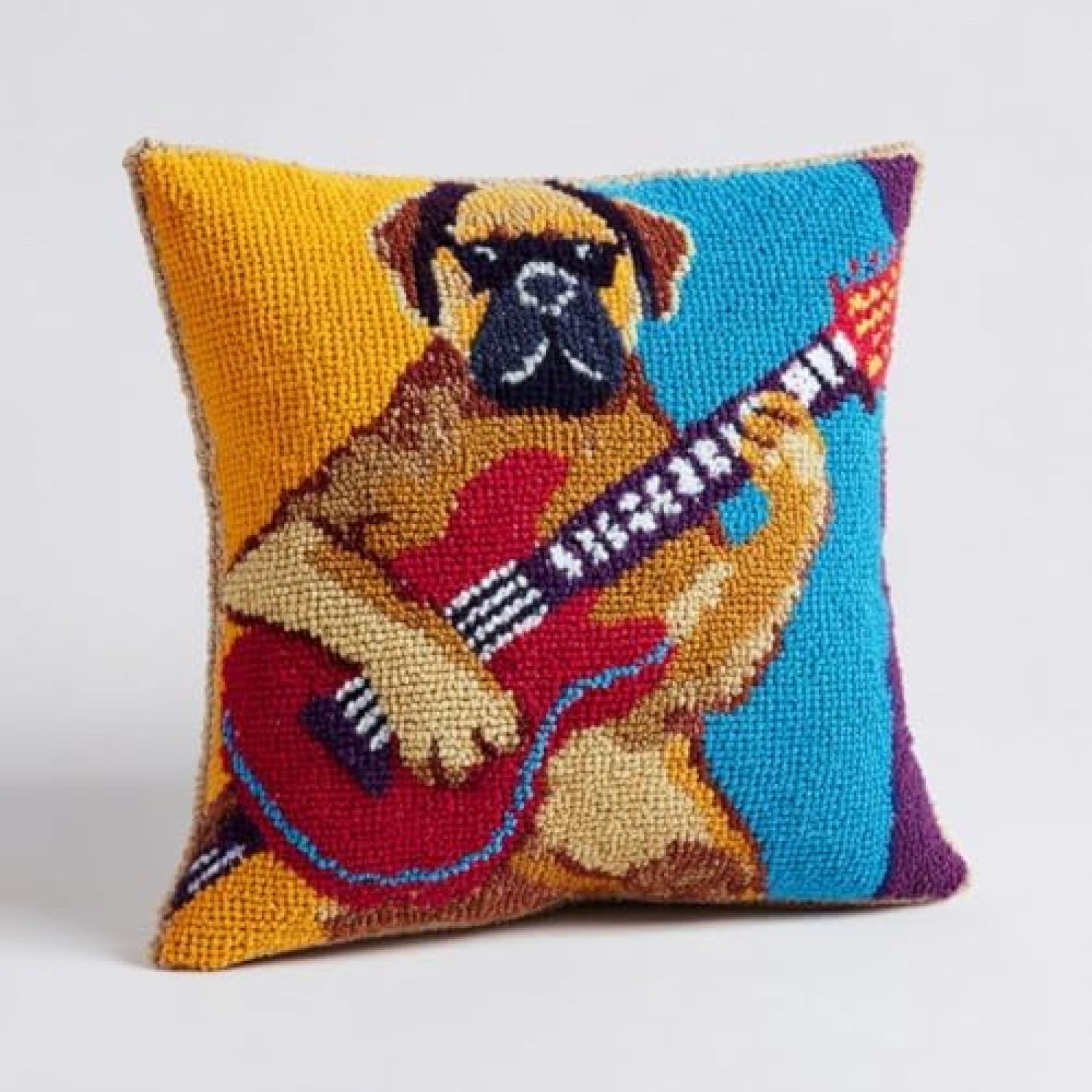 kitphoenix DIY Cushion Cover Craft Kit for Adults,Bullmastiff Dog Playing Guitar,Latch Hook Embroidery Kit with Printed Canvas,Yarn and Hook,43x43 cm Home Décor