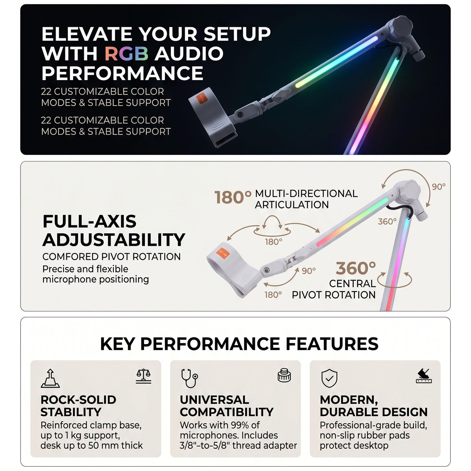 Jectse Soporte de Micrófono con Brazo Articulado RGB con 22 Modos de Color Rotación de Pivote de 360° Ajustable de 180° con Adaptador de 3/8 a 5/8 para Transmisión de Grabación de Estudio