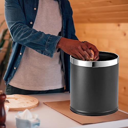 Miniatura 7 de Cubo de basura de metal 'Invisi-Overlap', papelera de oficina pequeña con parte superior abierta, forma redonda (negro)
