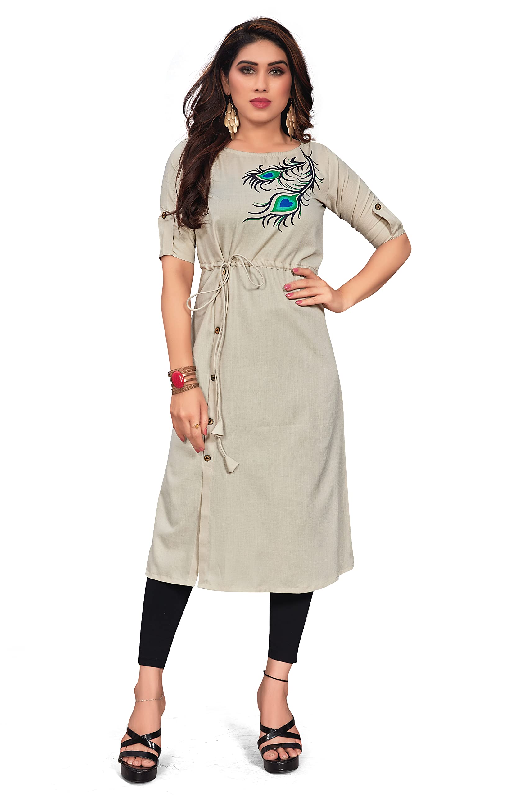 Leriya Fashion Designer Slub Cotton Fully Stitched Anarklai Kurti For Women & Girls On Jeans Palazzo Or Shrt (X-Large, Grey)