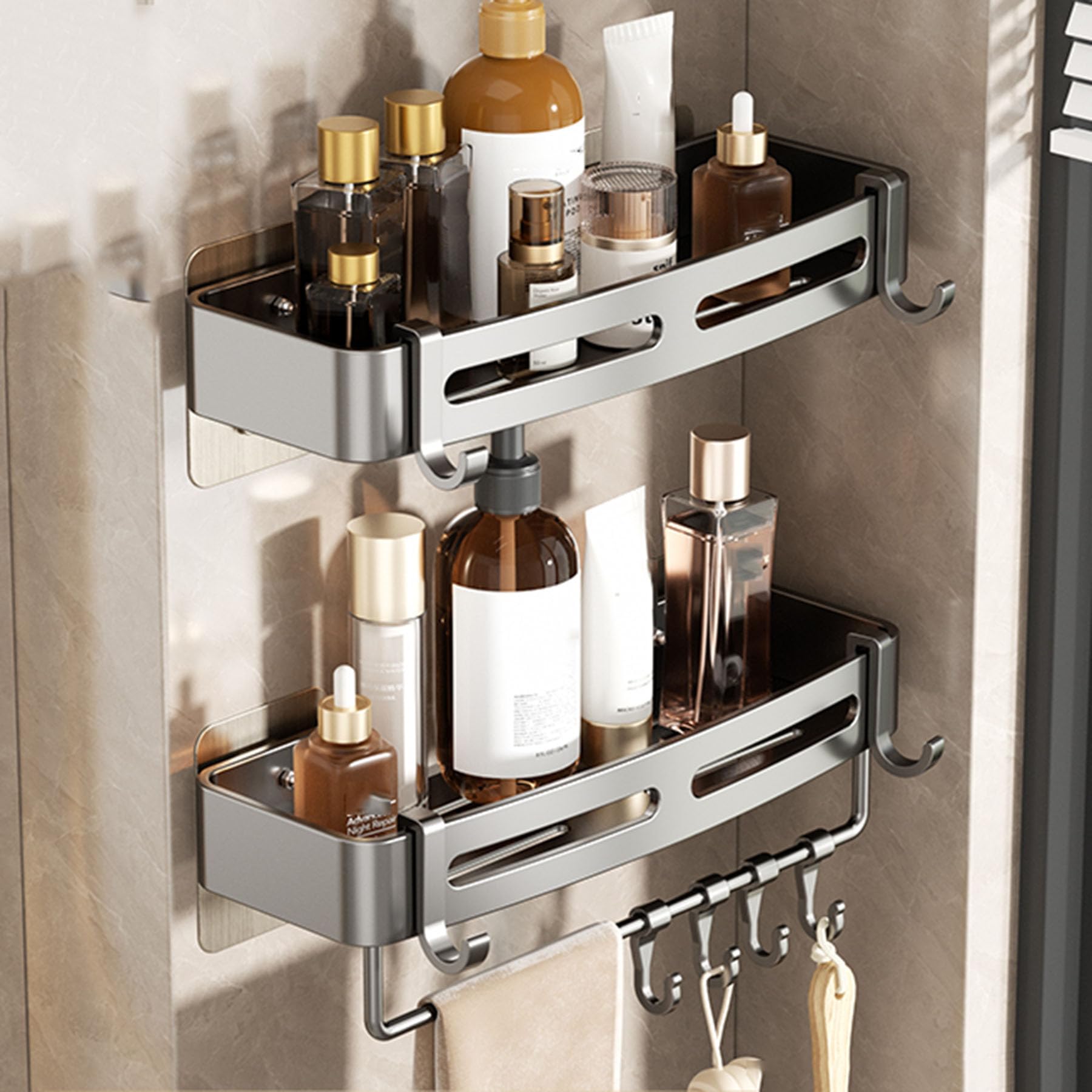 SRURLLUG Shower Caddy Bathroom Shelve Adhesive Shower Caddy Organizer Shelves Rack With Hooks No Drilling Rustproof Wall Mounted