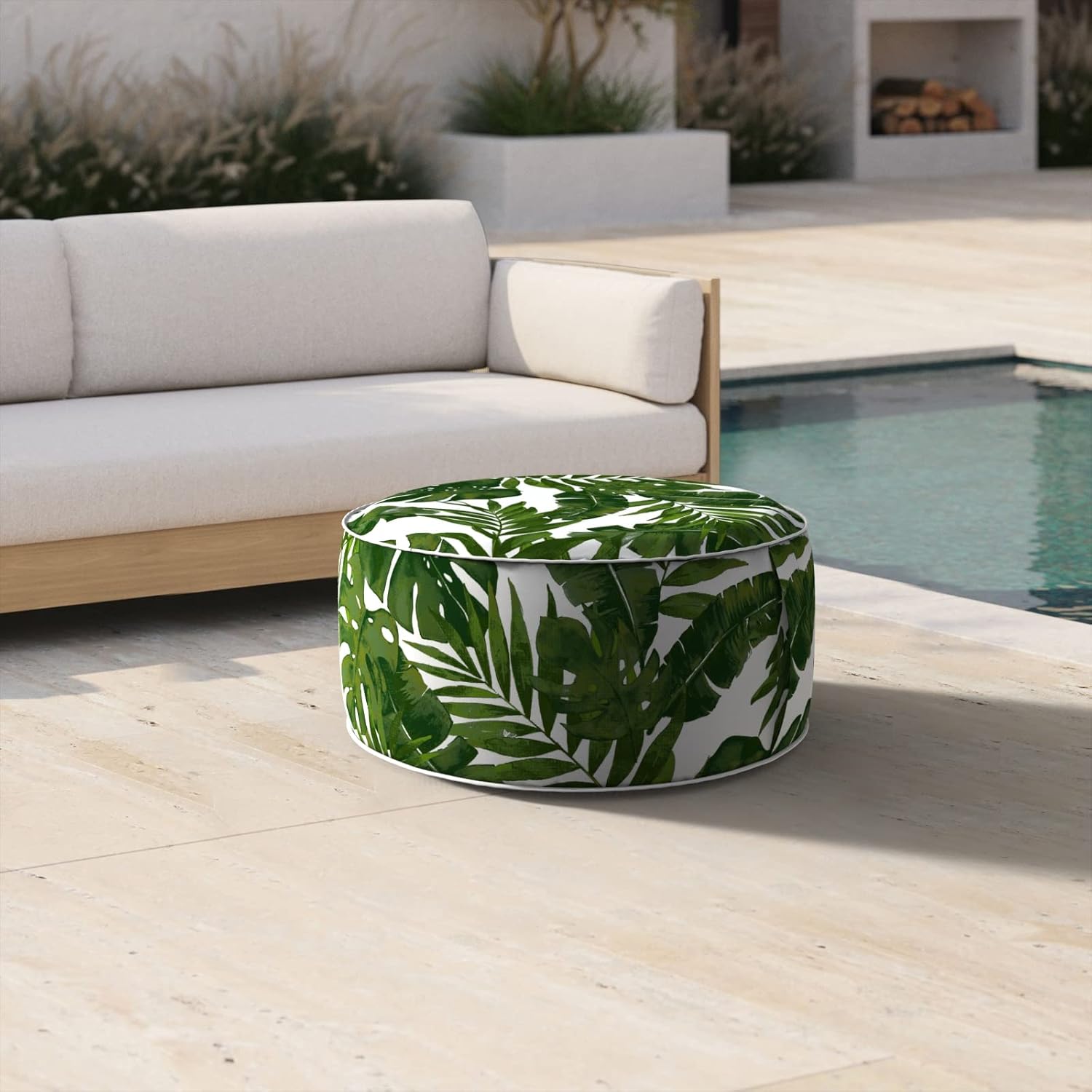 DYTXIII Inflatable Ottoman Stool D21 xH9 for Outdoor/Indoor Use, Water Repellent Patio Foot Rest Stool with Portable Handle,Round Pouf Ottoman Suitable for Garden,Deck and Camping - Palm Green