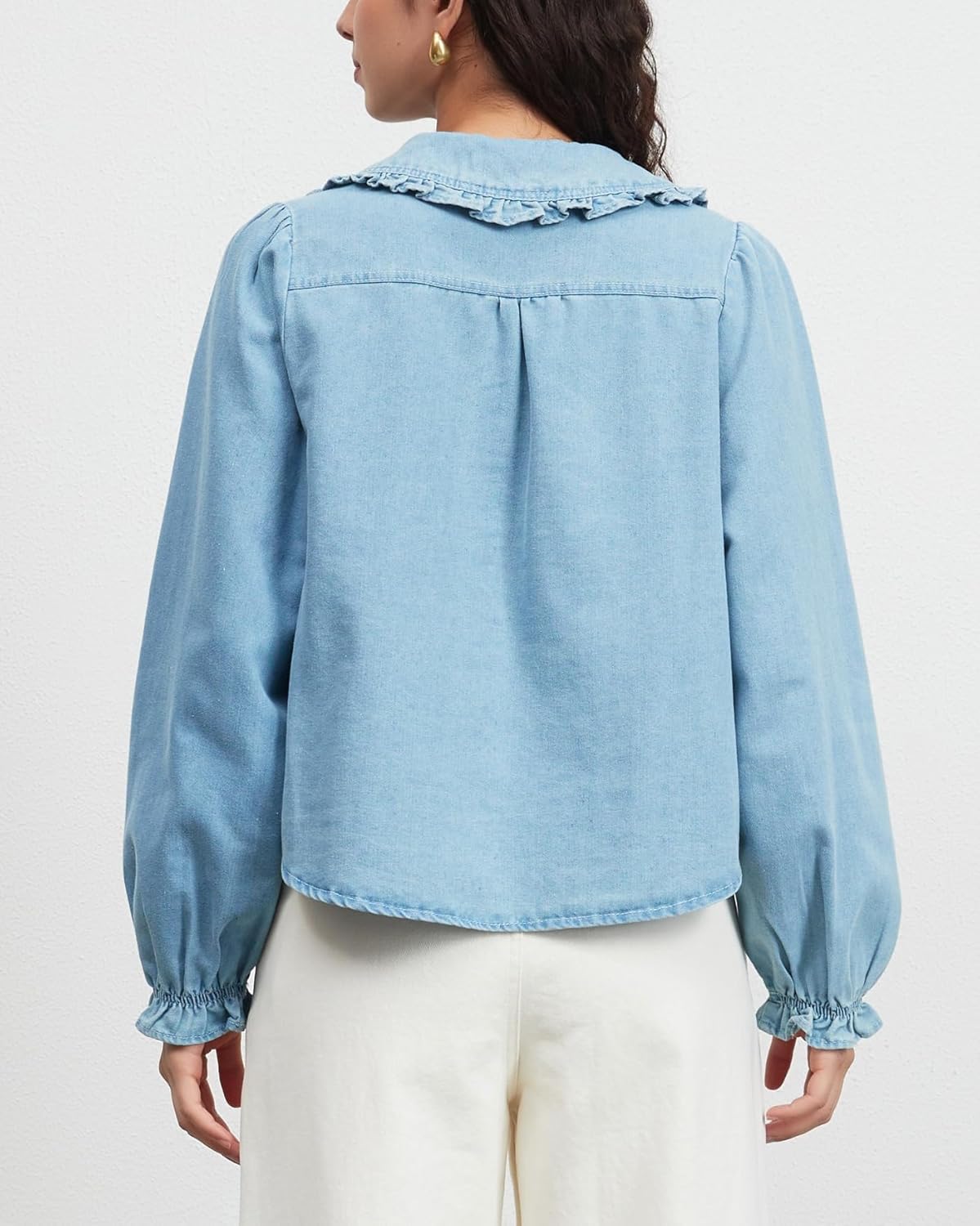 Womens Puff Long Sleeve Denim Shirts Peter Pan Collar Button Down Jean Blouse Casual Denim Tops with Pocket - Image 2