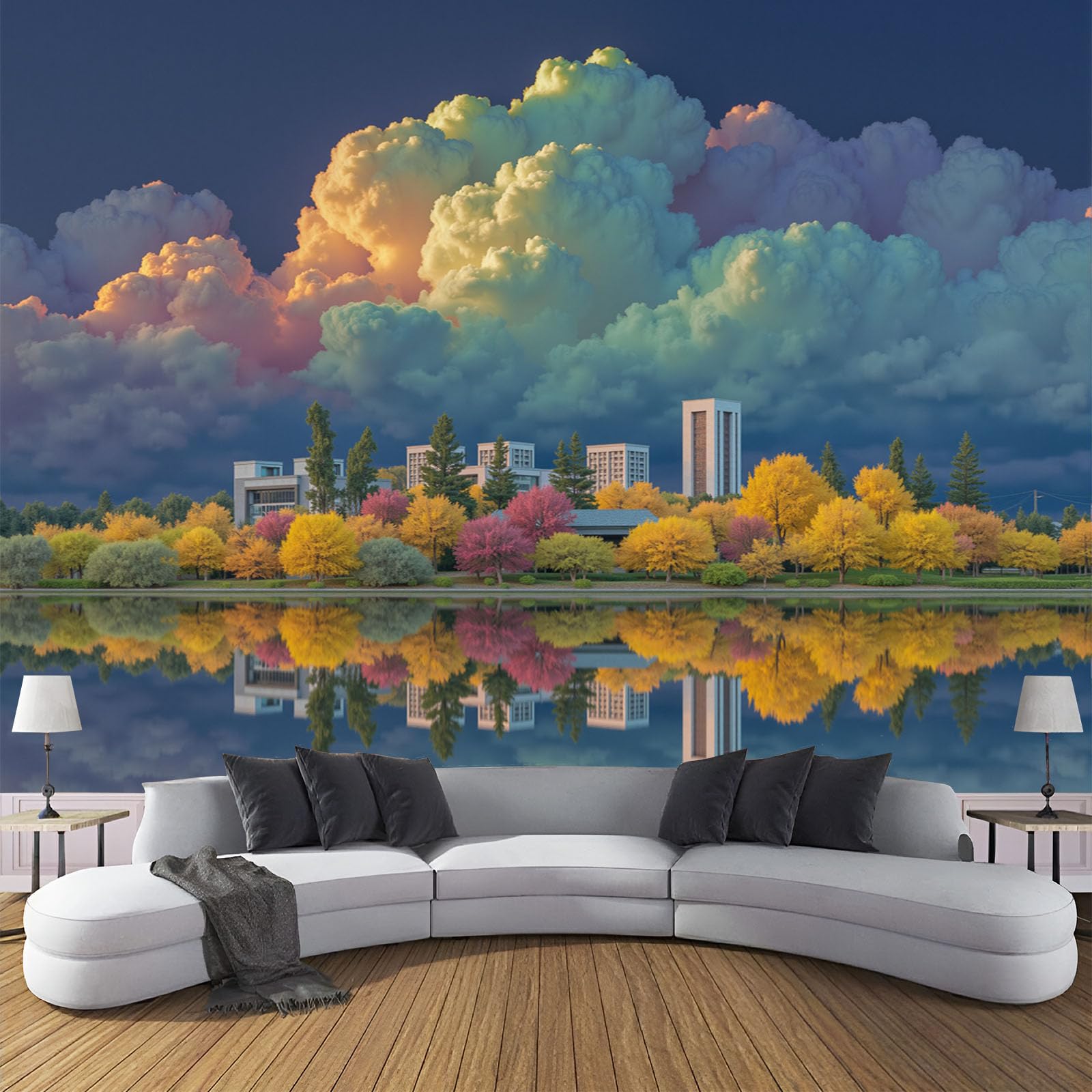 Papier peint panoramique nuages oniriques lac fresque murale intissee de 350x256cm