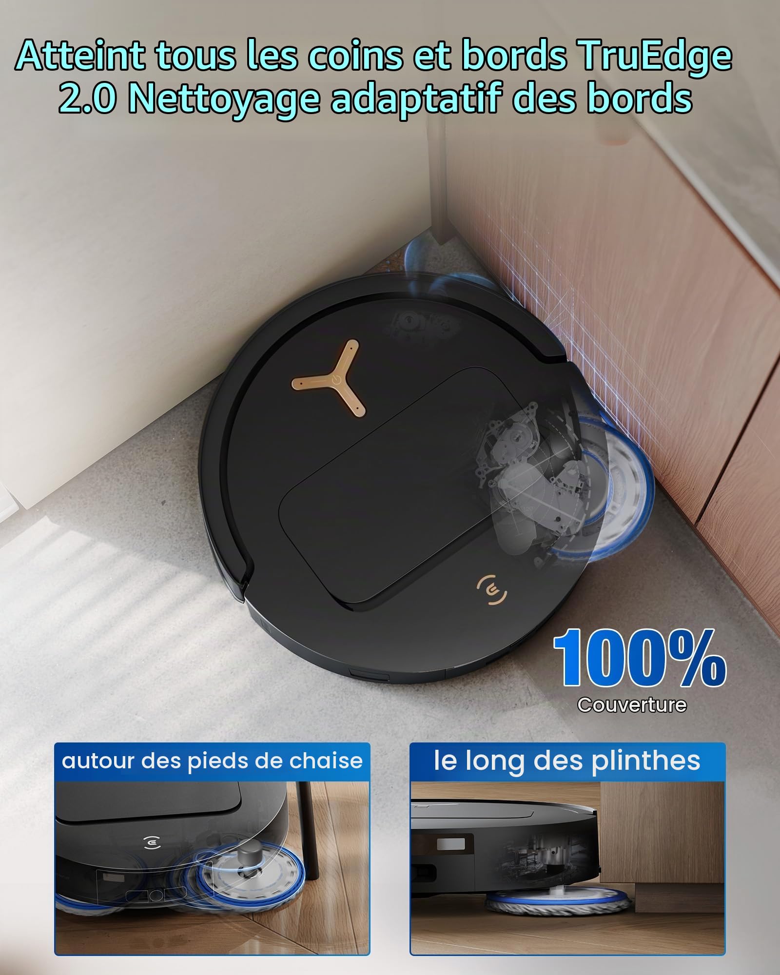 ECOVACS DEEBOT T50 Pro Omni Gen3 Aspirateur Robot Laveur Care Kit, Brosse latéral et Patin Extensibles, 25000 Pa, AIVI 3D 3.0, Ajout Auto Solution, Lavage 75°C, Séchage air Chaud, Ultra-Fin 81mm, Noir