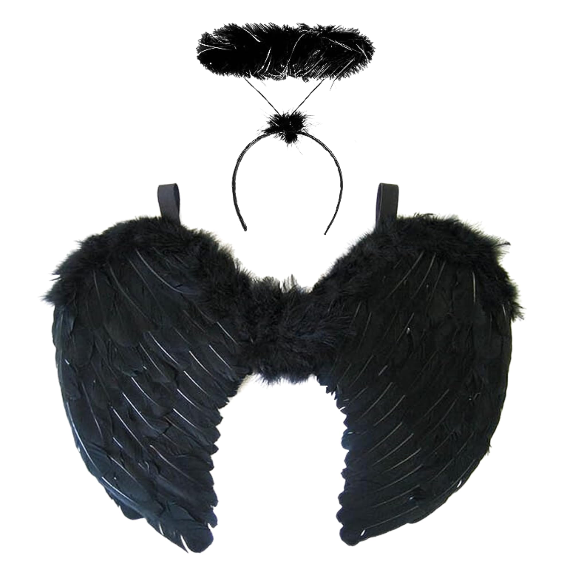 Ali celestiali e cerchietto scuro da angelo – Abito femminile con ali e ornamento nero – Travestimento nero da creatura celeste per donna – Completo dark da spirito caduto per adulti