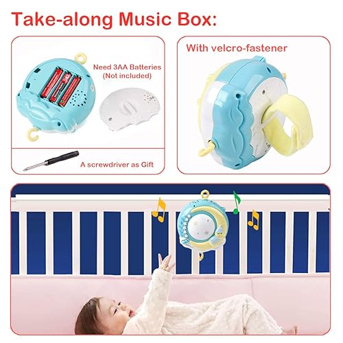 Miniatura 4 de Mini Tudou Cuna móvil musical para bebé con música y luces, función de temporizador, proyección, sonajero para llevar y caja de música para bebés
