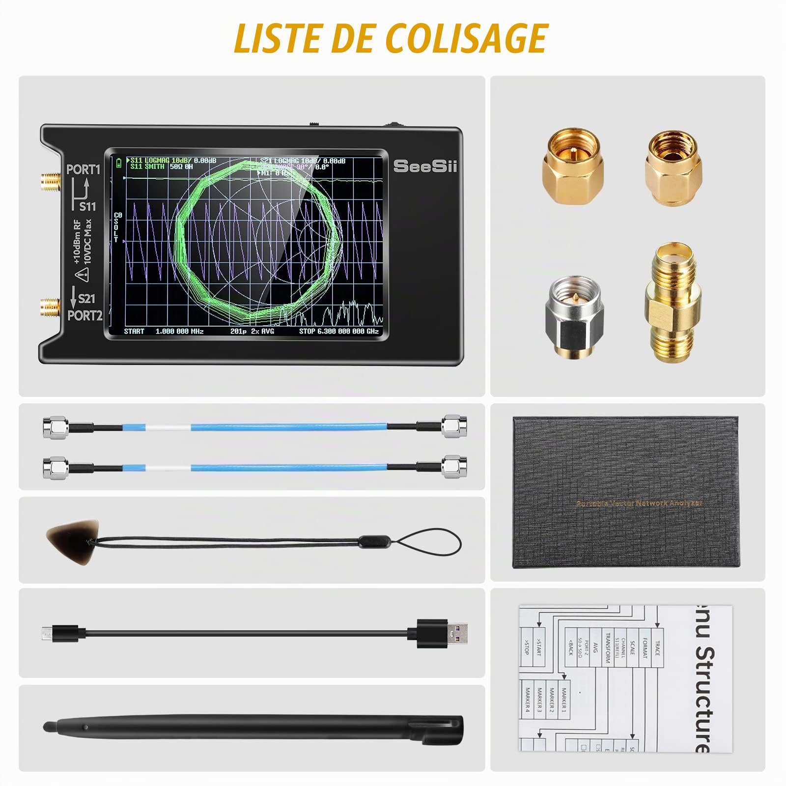 Seesii LiteVNA 4 Pouces Analyseur de Réseau Vectoriel, Analyseur d'Antenne 50kHz-6,3GHz avec Fente MicroSD pour Paramètres de Mesure S HF VHF UHF SWR Phase Delay Smith Chart