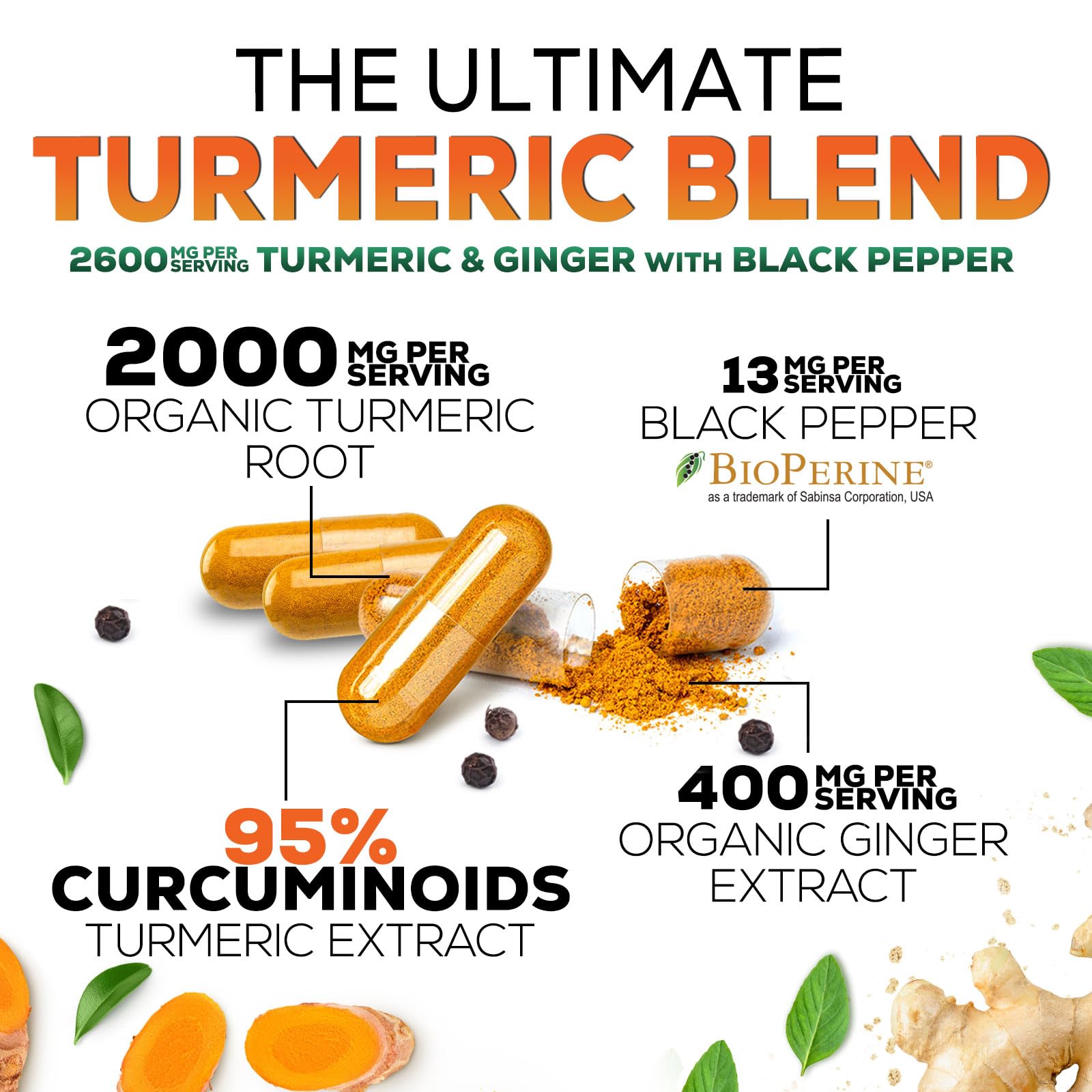 Turmeric Curcumin Supplement 2600mg with Organic Turmeric & Ginger - 95% Curcuminoids & BioPerine Black Pepper Extract for Best Absorption - Natural Vegan Joint Support, Bottled in USA - 120 Capsules — Amazon image 3