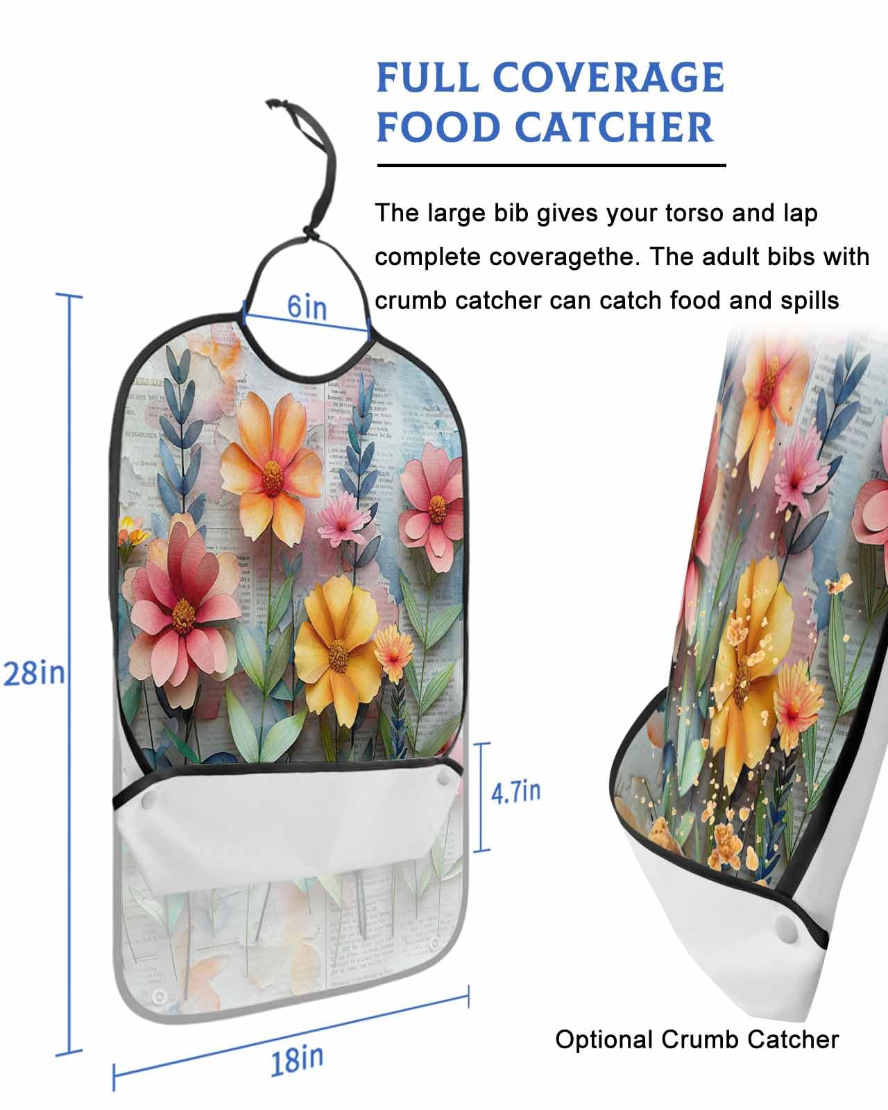Floral Adult Bib for Adults Men, Women, Shabby Chic Newspaper Flower Leaf Watercolor Washable & Adjustable Terry Cloth Bib with Crumb Catcher Reusable Waterproof Clothing Clothes Protector Apron