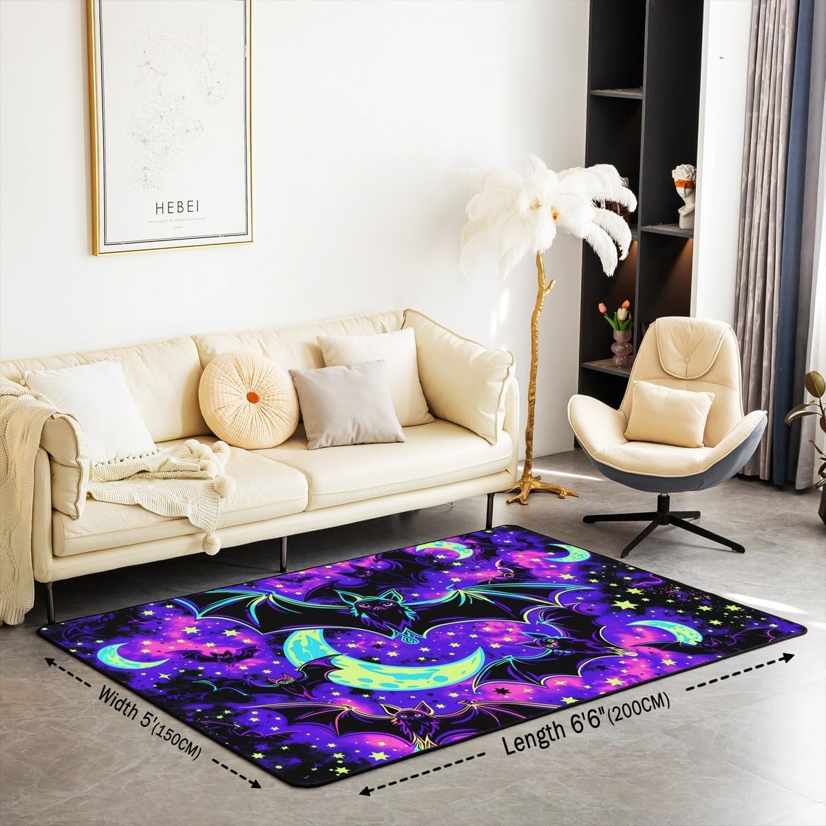 Feelyou Bat Decorative Carpet Happy Halloween Living Room Rugs for Kids Boys Girls Horror Theme Area Rug 3x5 Boho Moon Star Indoor Floor Mat Bedding