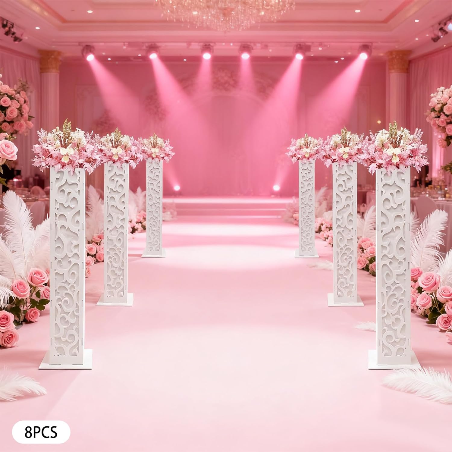 8Pcs 47Inch Roman Style Carved Pillar Flower Stands, PVC Expansion Sheet Decorative Wedding Columns with Carved Pattern, Tall White Pedestal Stand Sets, for Wedding, Party, Christmas, Home Decoration