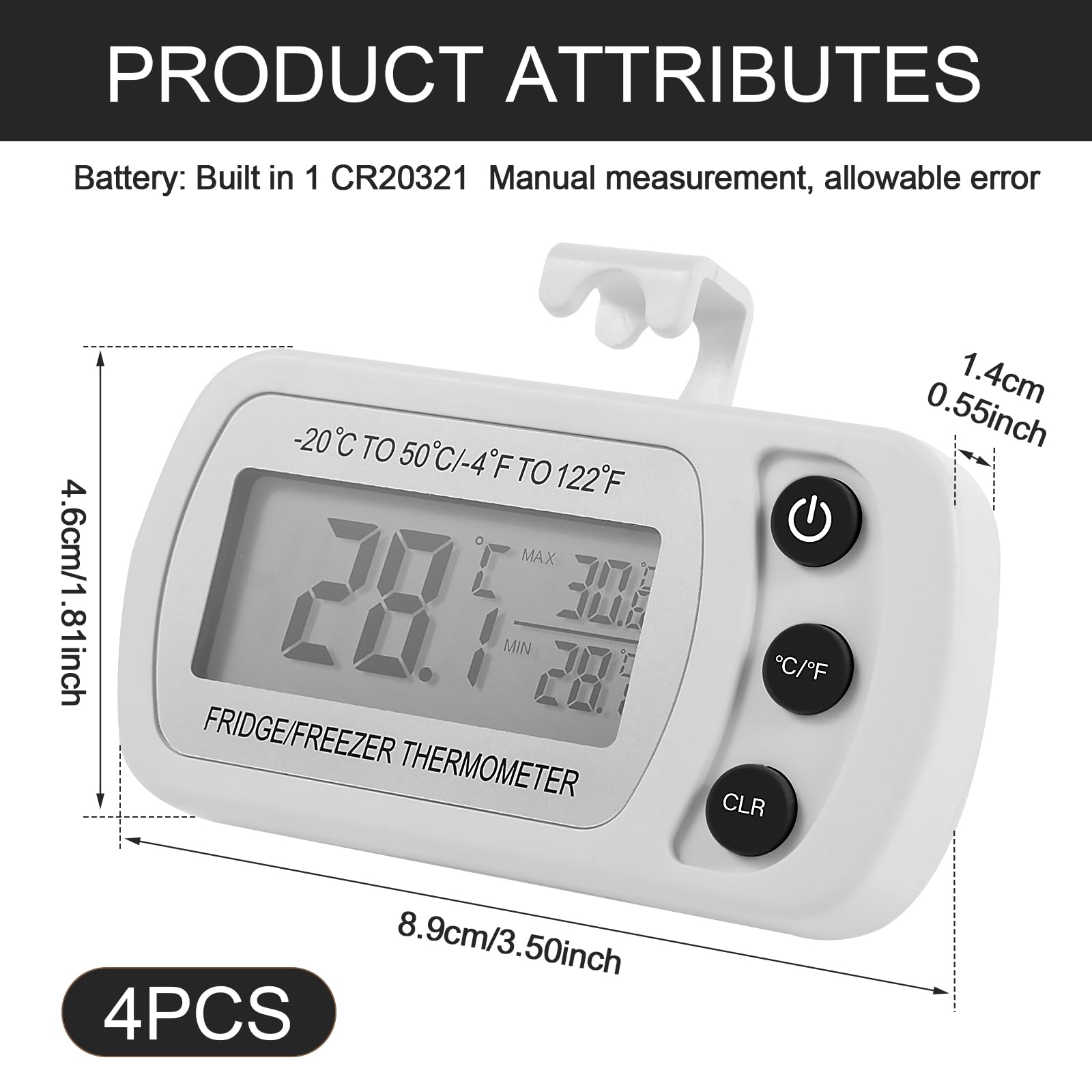 KTZCTPCA 4Pcs Digital Frigerator Thermometer, Waterproof Fridge and Freezer Thermometer, Digital Thermometer with Stand and Magnetic Back, Digital Thermometer for Kitchen, Home, Restaurants (White)