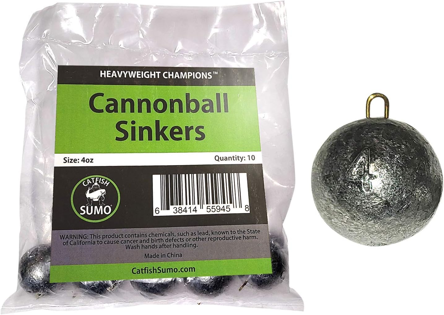 Catfish Sumo 4oz Round Cannonball Lead Sinker Weights with Metal Loop for Sinker Sliders (10-Pack)