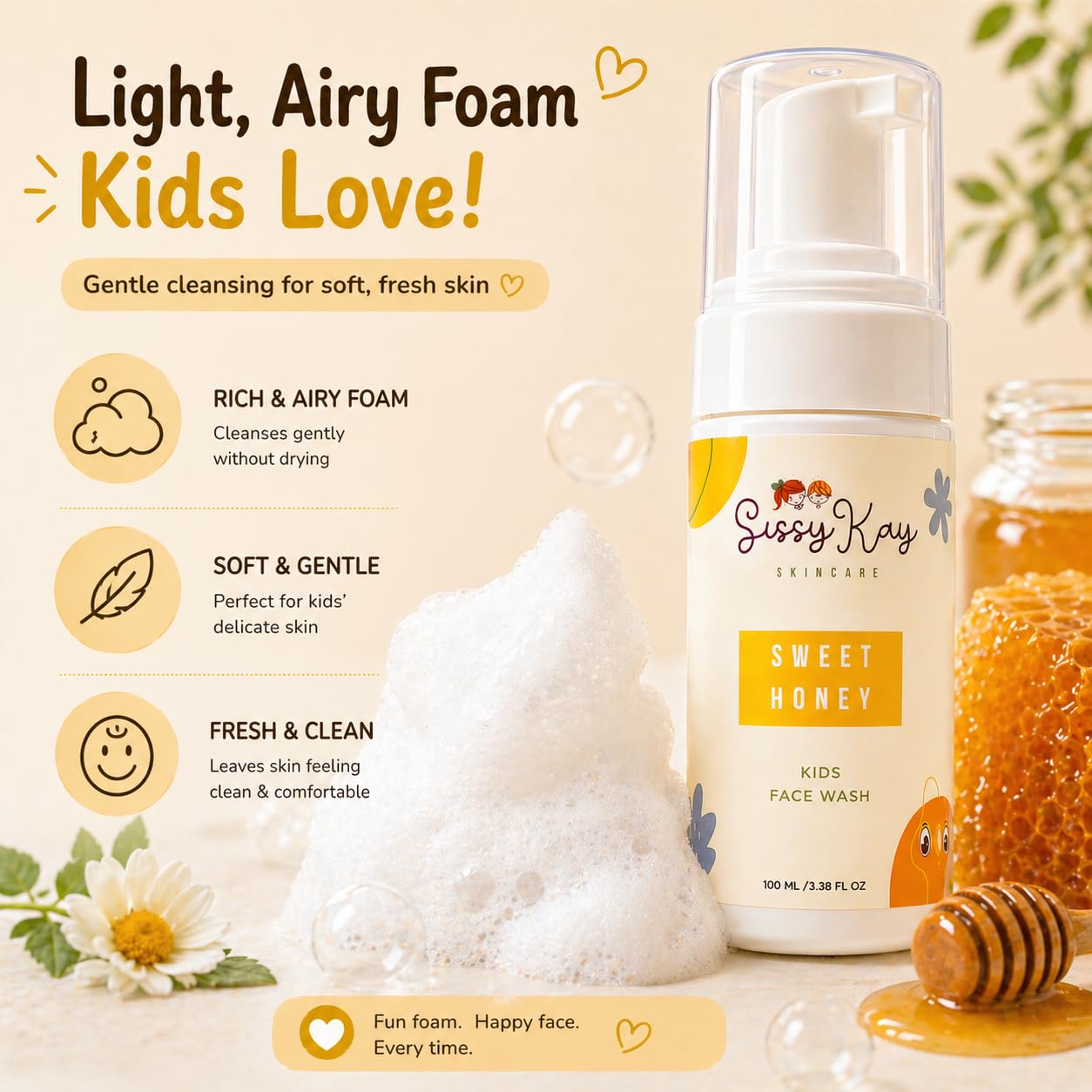 Kids Foaming Face Wash for Boys, Girls - Natural Face Wash For Kids - Gentle Honey Cleanser With Vitamin C & Vitamin E -Tear Free For Sensitive Skin - Honey - 100 ml