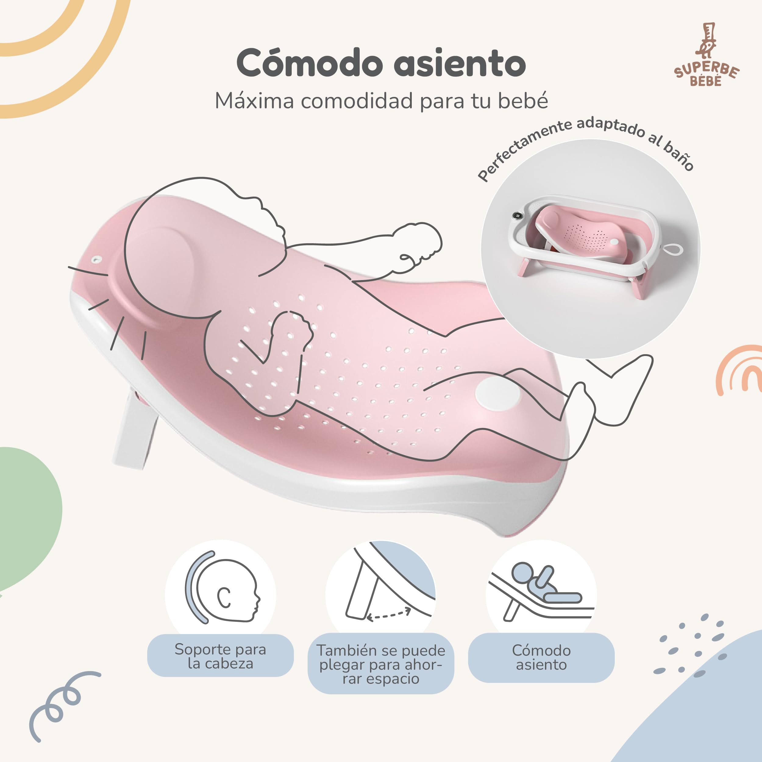 Bañera Plegable Bebé Con Asiento De Baño Antideslizante - bañera Bebe Plegable Con Termómetro - Asiento Bañera Bebe - Silla - Desde El Nacimiento Hasta Los 3 Años - Regalos De Nacimiento (ROSA)