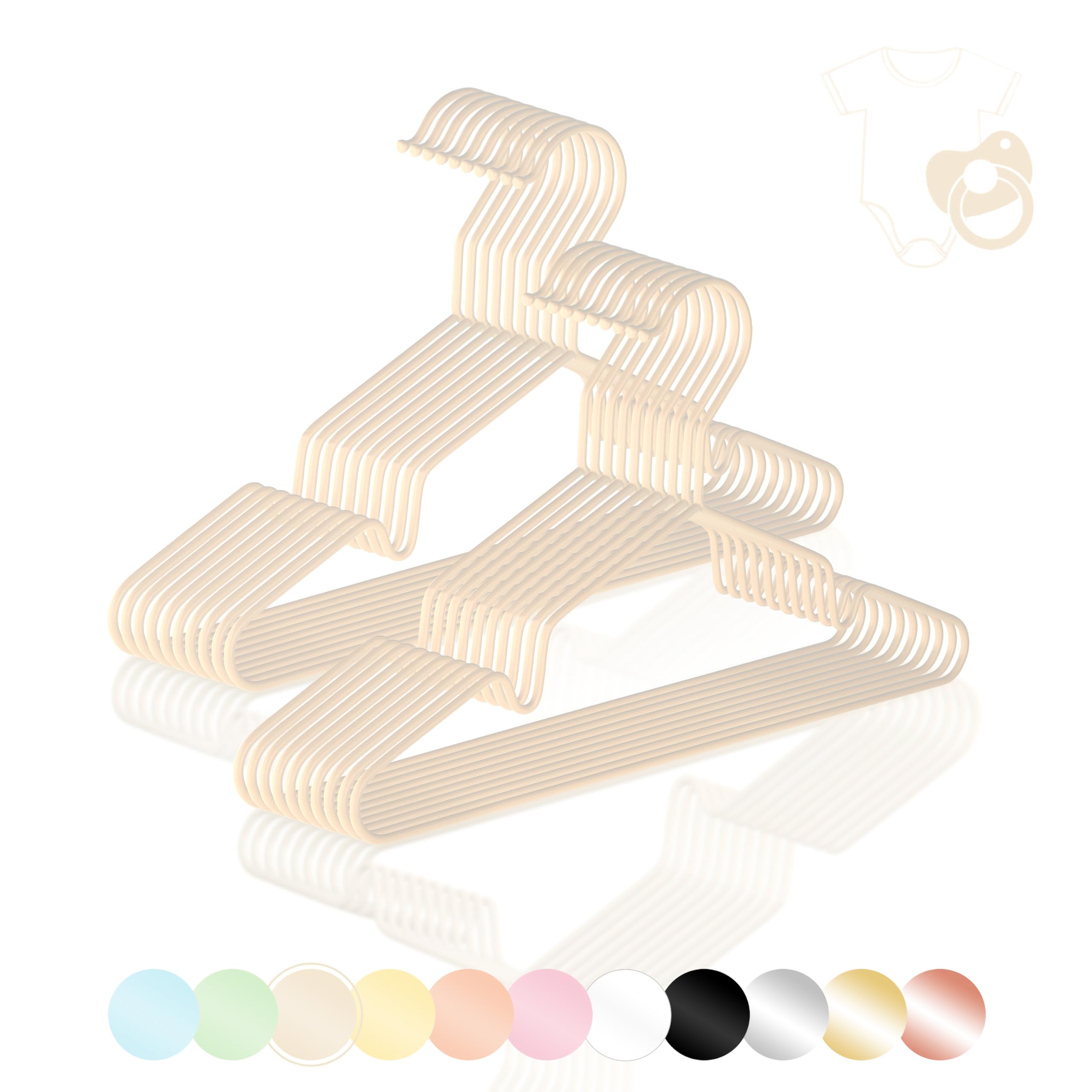 ROW&LINE® – KINDER Kleiderbügel (30 cm) – 20 Stück (beige) – platzsparende Kinderkleiderbügel – belastbar mit schwerer Kleidung – Metall Kleiderbügel für Ordnung & einheitliche Optik im Kleiderschrank