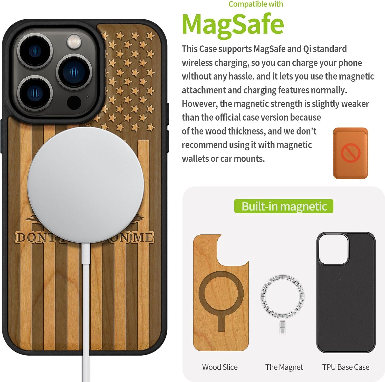 Carveit Magnetic Wooden Case for iPhone 15 Pro Case, Compatible with MagSafe Wireless Chargers, Black Soft TPU Shockproof Cover & Wood Artisan Engraved (Gadsden Flag - Cherry)