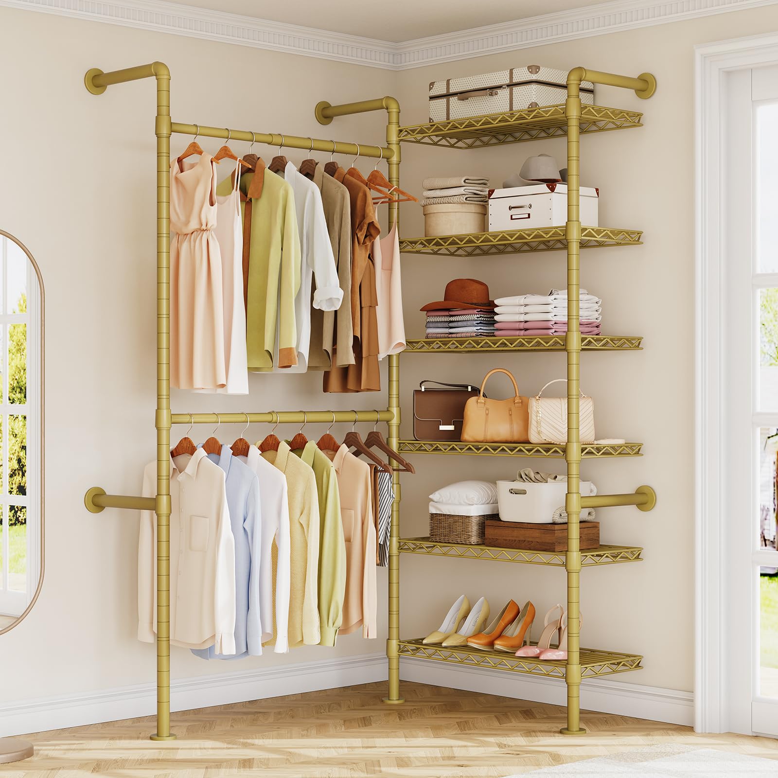L2 Wall Mounted Closet System, Industrial Pipe Clothing Rack Clothes Racks with 2 Telescopic Rod & 6 Shelves, Heavy Duty Closet Organizers System in Wardrobe Closet, Gold