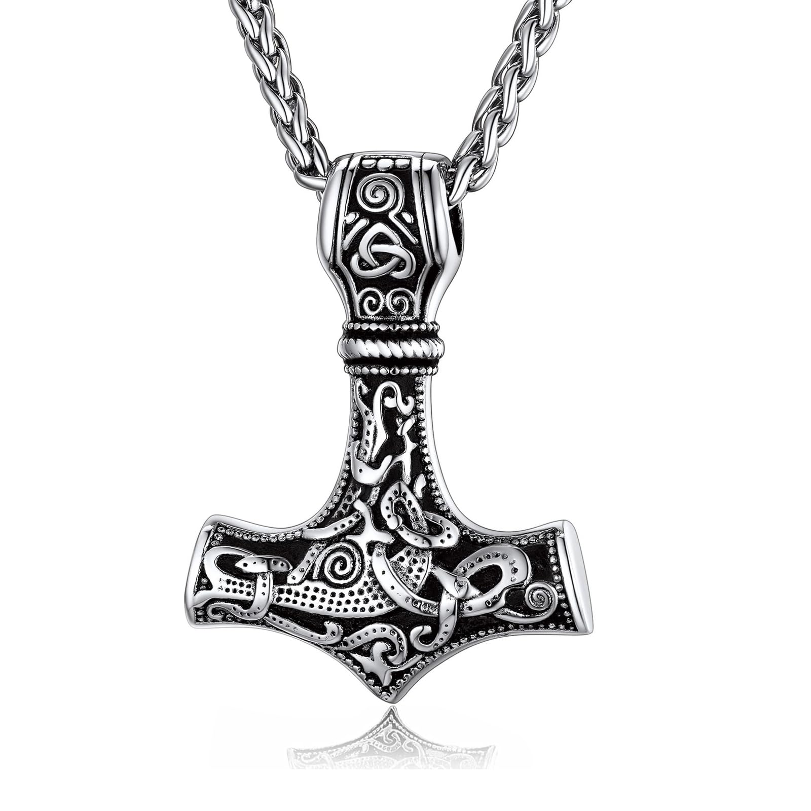 Acciaio Inox 316L Thor Hammer Collana Con Ciondolo Martello Di Thor Testa Di Lupo Vichingo Collana Vichinga Uomo Ciondolo Lupo Thor - copertina