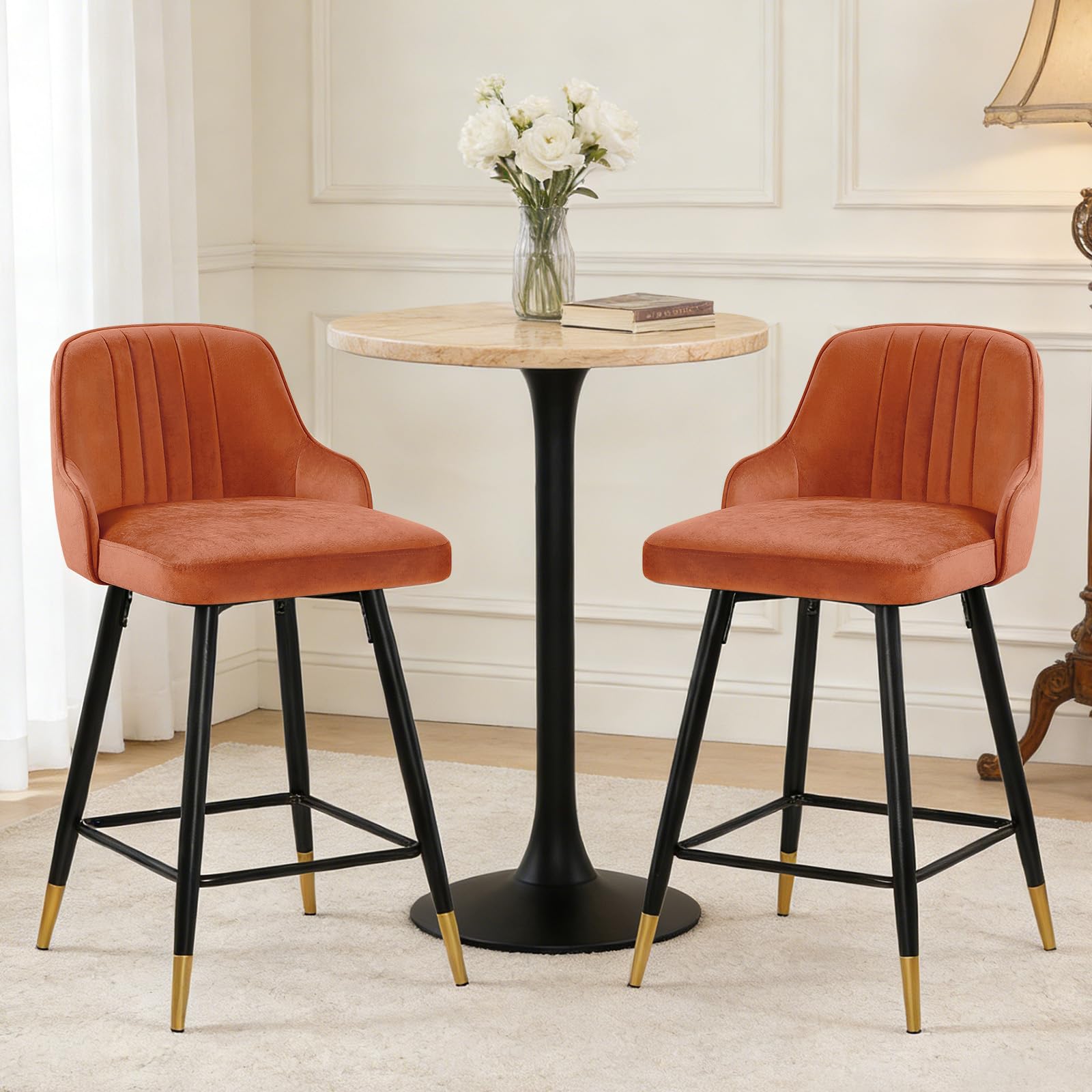 WOOW DEPOT Swivel Bar Stools, Modern Mid-Century Barstools (Orange, 2PCS)