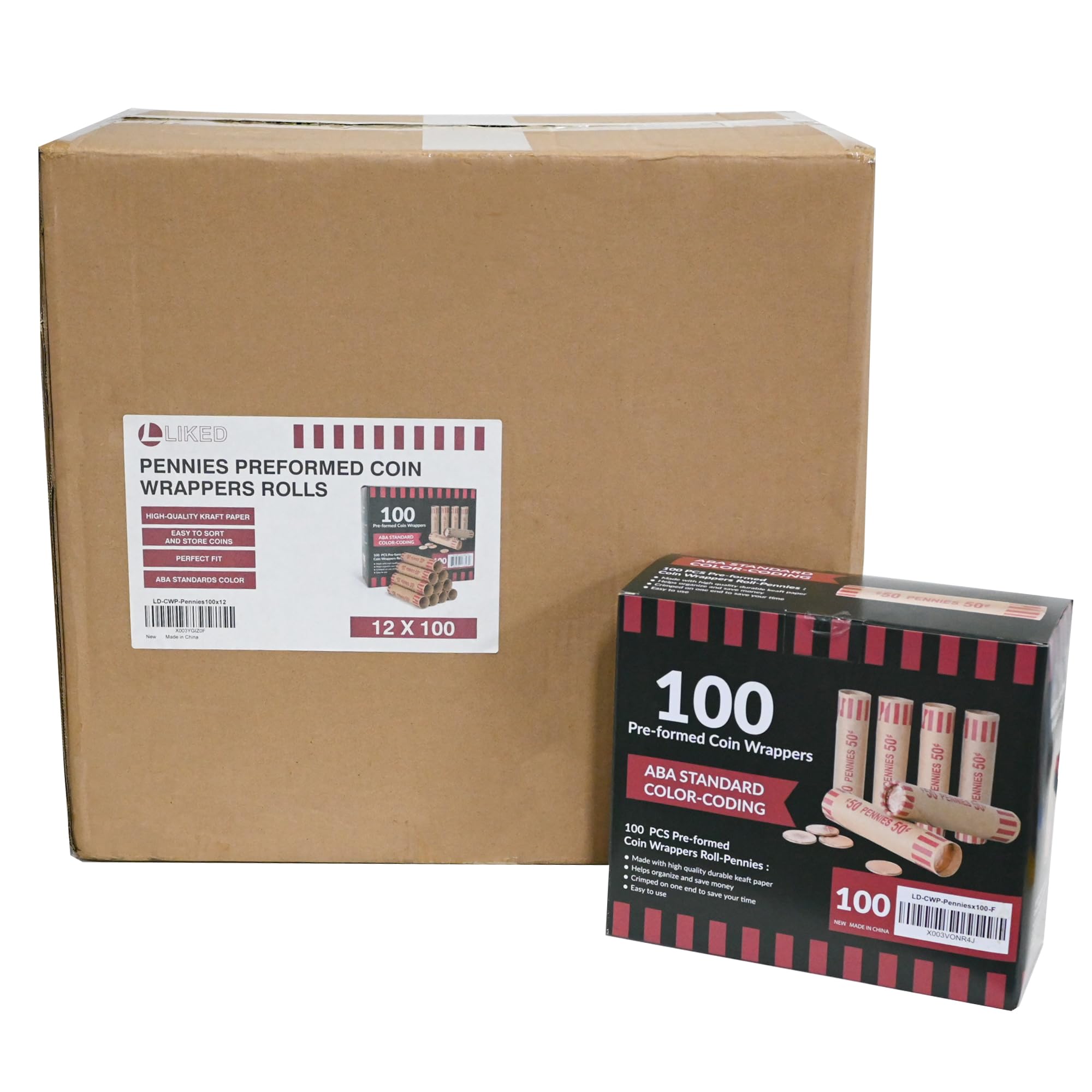 L LIKED 1,200 PCS Pennie Preformed Coin Roll Wrappers-Pennies (100 PCS x 12 Boxes)