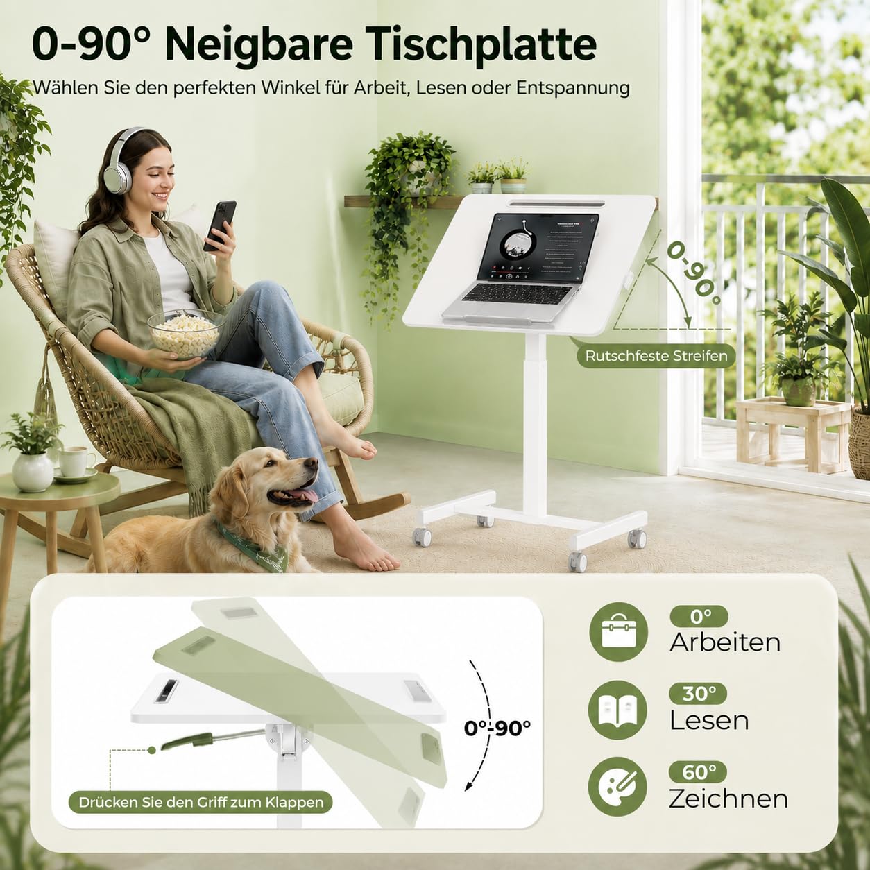 Höhenverstellbarer mobiler Beistelltisch mit Rollen60×52cmTischplatte 90° neigbar,geeignet als Kleiner Computertisch für Wohnzimmer und SchlafzimmerSofatischKrankenpflege-Beistel (Weiß)