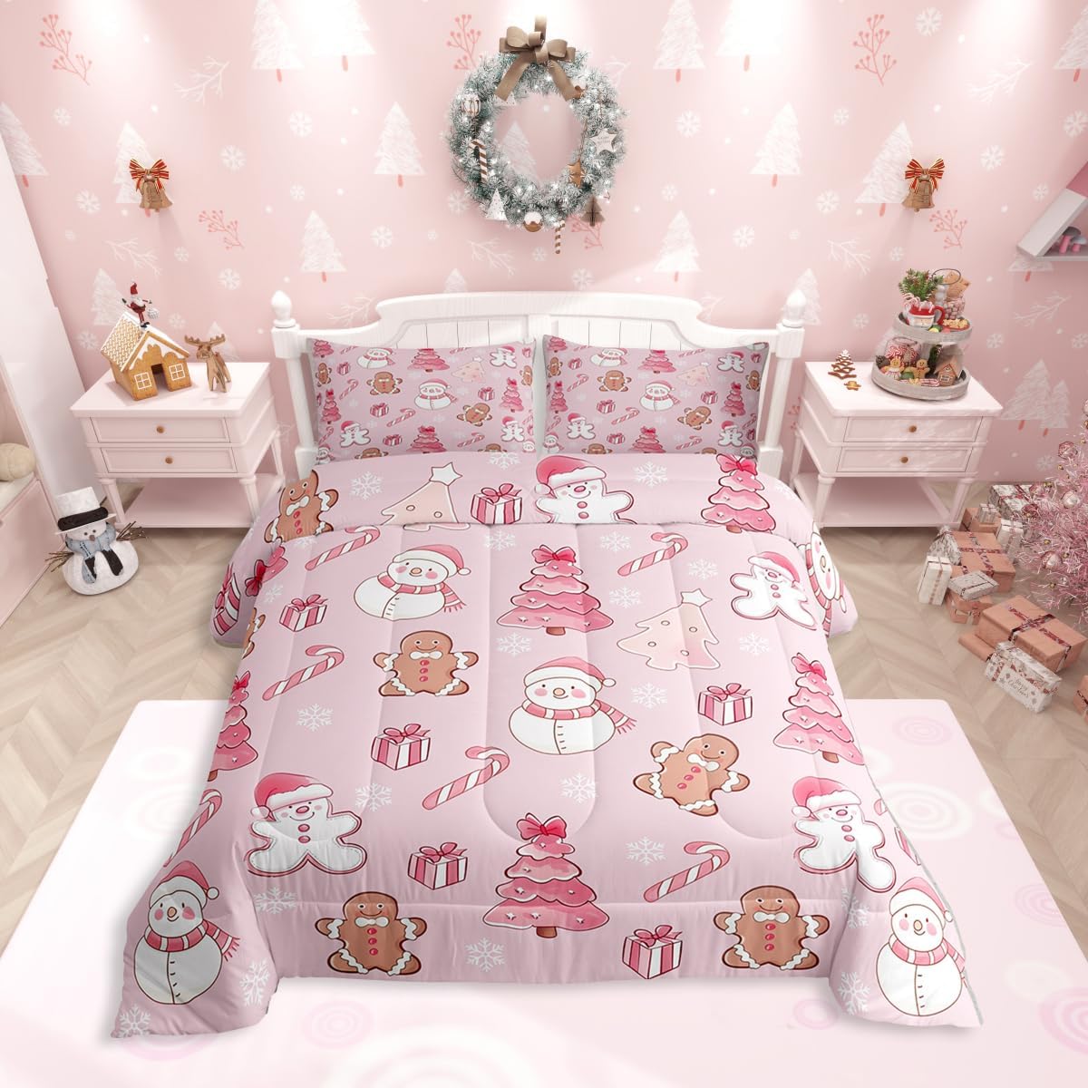 Feelyou Merry Christmas Comforter Set All Season Funny Snowman Bedding Set with 1 Pillow Cases Gingerbread Man Microfiber Toddler Bedclothes Xmas Theme Bedroom Decor Duvet Breathable Soft Lightweight