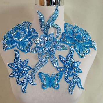 Flower Embroidery Iron On Patch Sequin Beaded Patches for Clothing Clothes Embroidered Appliques Blue A