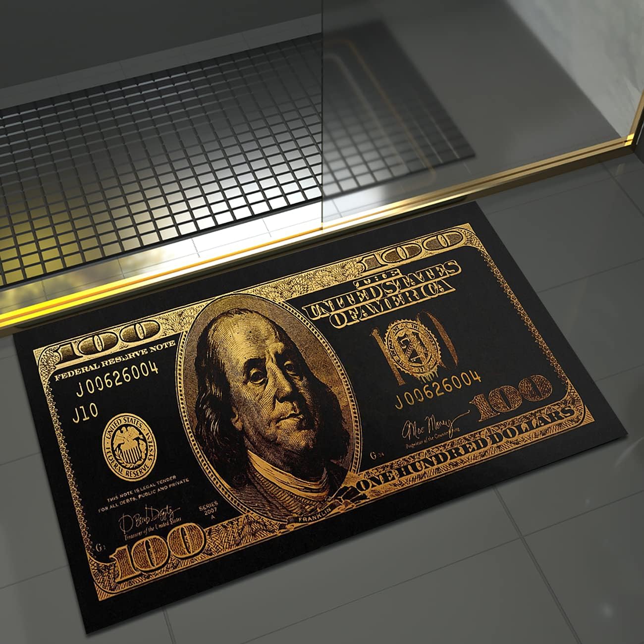GUBIYU Black Bathroom Rug Runner - Money Bills Design, Non-Slip, Water Absorption, Modern Style, Black & Gold - 24" x 36"