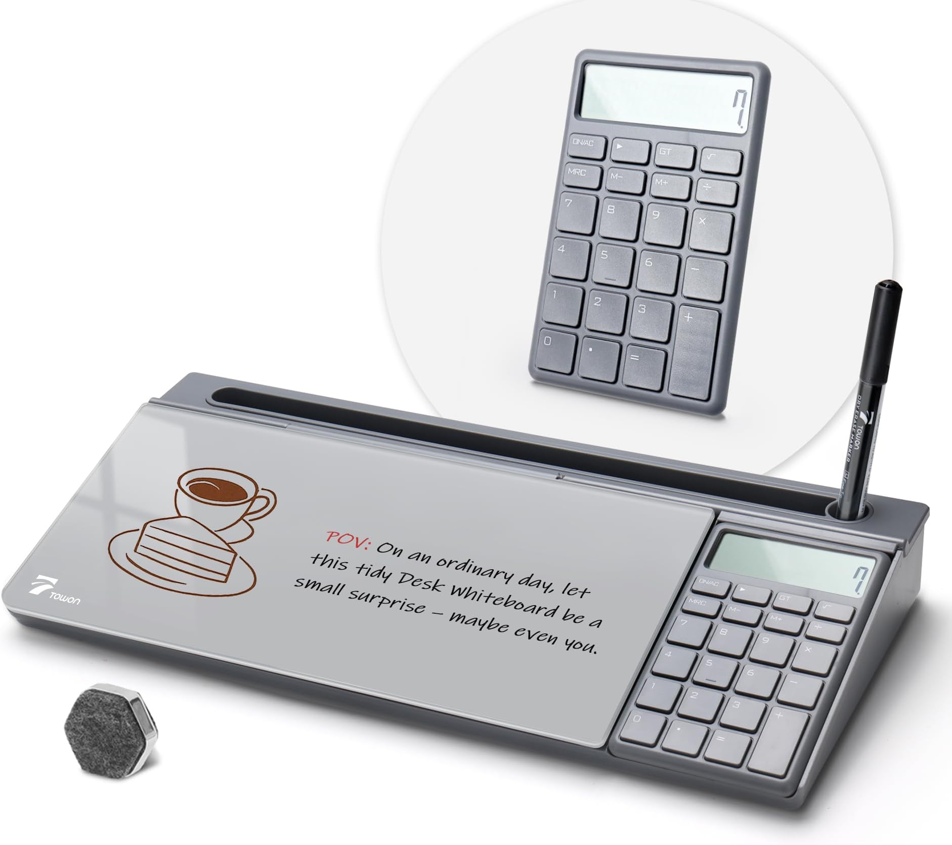 TOWON Desktop Glass Whiteboard with Basic Calculator, 12 Digit LCD Display, Desk Organizers with Accessories for Office, Home, School Supplies, Storage with Dry Erase Board Surface, Gray, 17'' x 6''