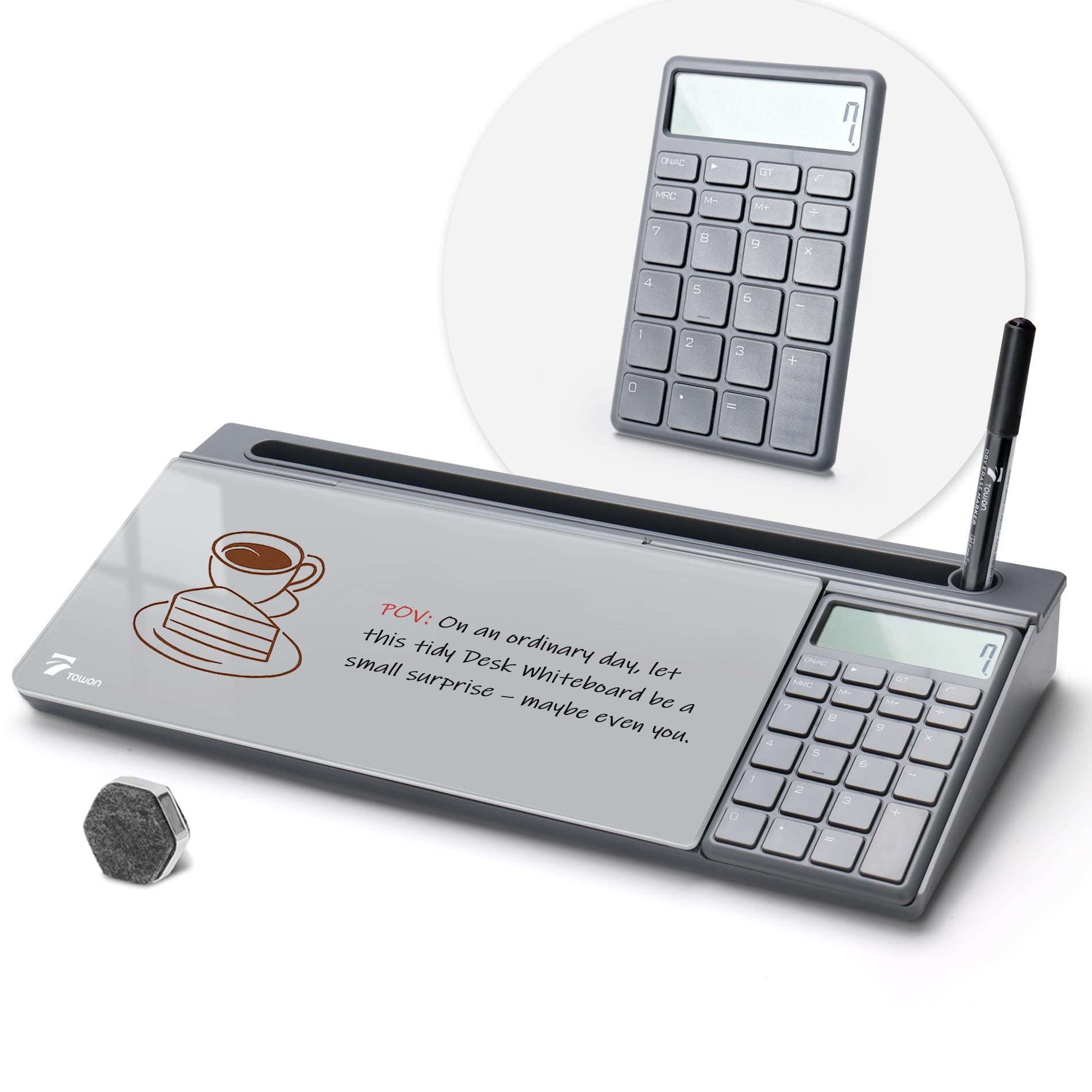 TOWON Desktop Glass Whiteboard with Basic Calculator, 12 Digit LCD Display, Desk Organizers with Accessories for Office, Home, School Supplies, Storage with Dry Erase Board Surface, Gray, 18'' x 6''