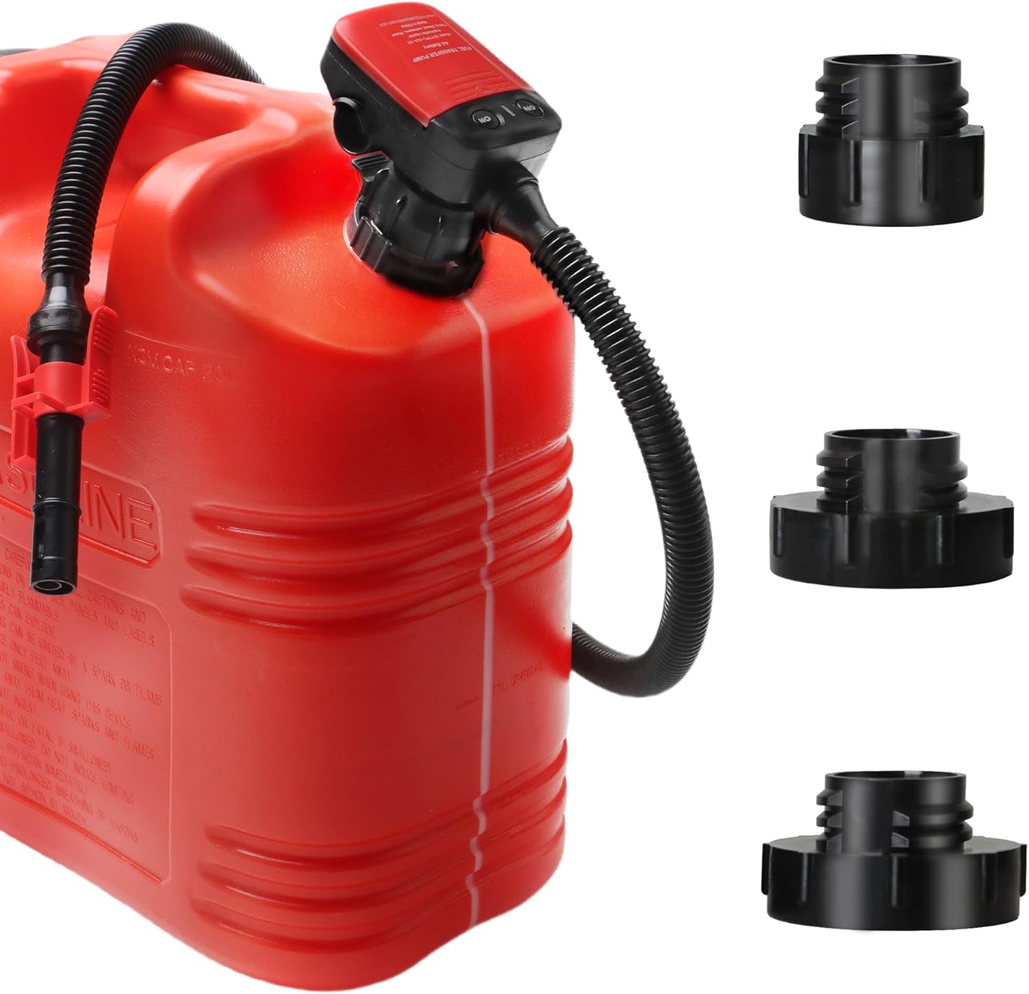 Fuel Transfer Pump Battery Powered Gas Pump For 5 Gallon Gas Can: Automatict Shut-off Nozzle, 42 IN Long Hose, 3 Adapters for 4 Size Gasoline Tank
