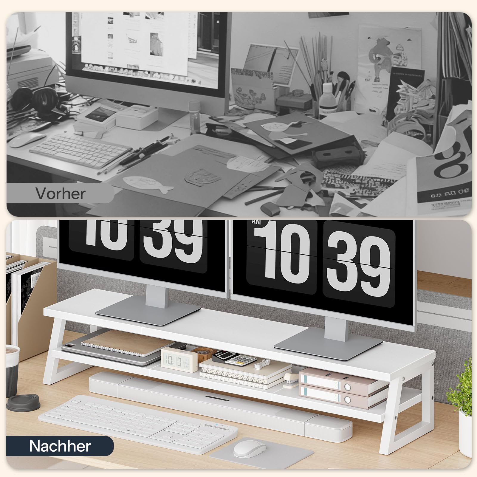 HOOBRO 2-stufiger Monitorständer Holzfür 2 Monitore, 100 x 24 x 19,5 cm, Dual Monitor Ständer, Bildschirmerhöhung, Monitor Erhöhung, Schreibtischregal für Büro und Heimarbeit,Weiß EWW122CJ01