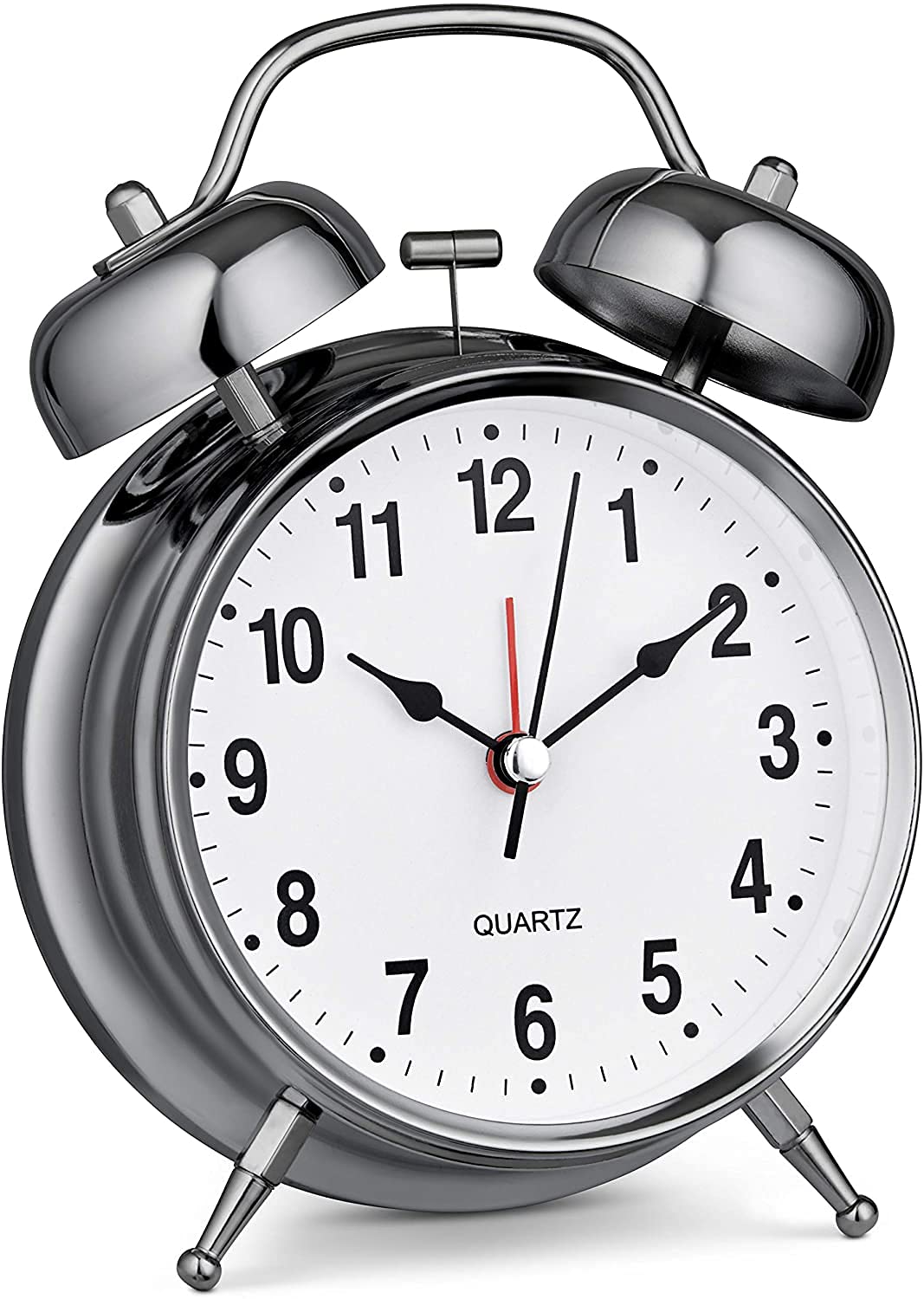 Entraxa Products Analog Twin Bell Extra Loud Quartz Battery Operated with Backlight, Silent Non-Ticking for Bedside Desk Old School Metal Alarm Clock (Silver)