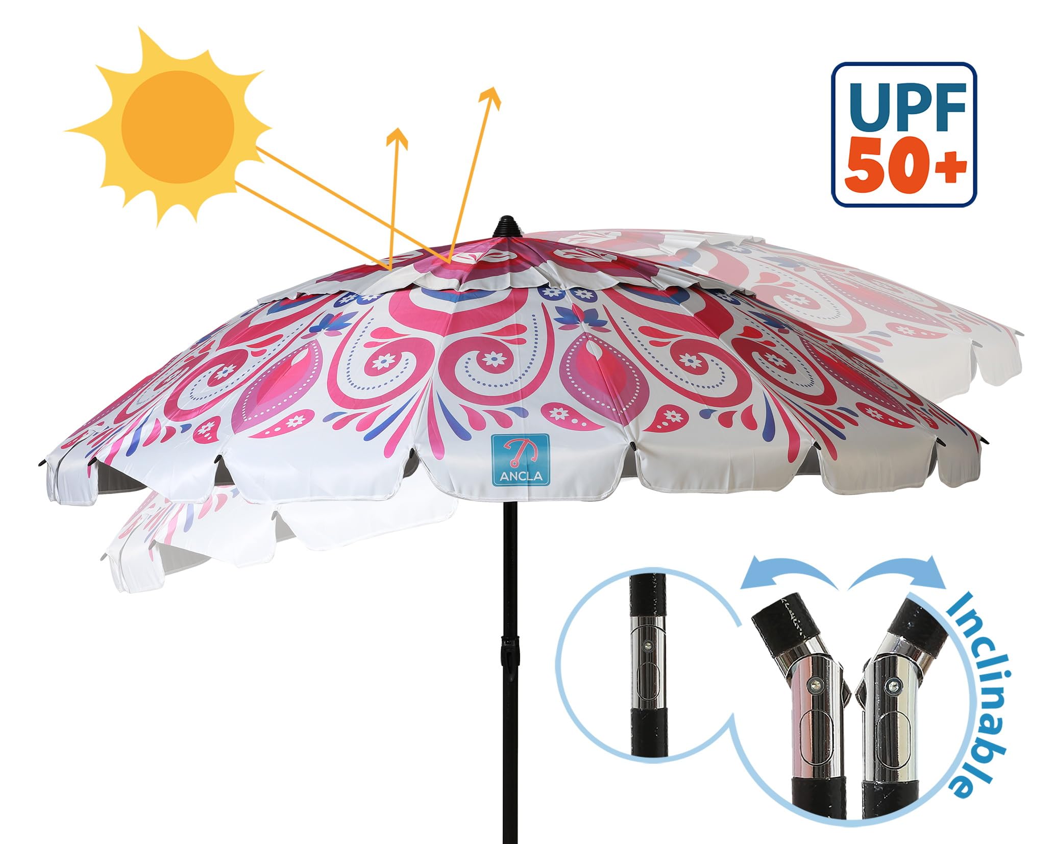 ATOSA atosa sombrilla de playa reclinable de aluminio modelo mándala floral con upf 50+ fucsia
