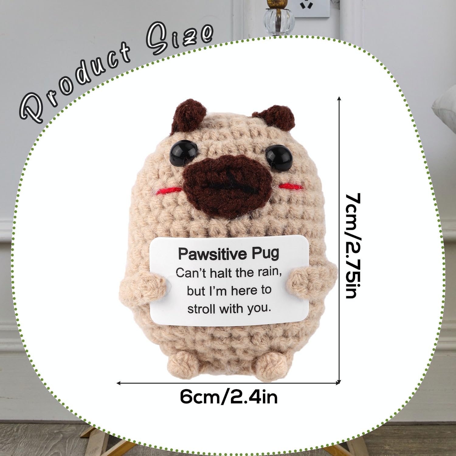 XIHIRCD Positive Crochet Dog Gift, 2.76x2.36in Cute Positive Pug Plush Positive Crochet Animals Knitted Dog Toys with Encouragement Card Emotional Positivity Support Gift for Family Friends - Image 2