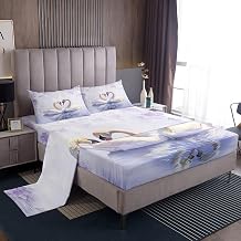White Swan Bed Sheet Set Kids Purple Floral Sheets Set 4pc Romantic Love Microfiber Soft Bedding Set,1 Flat Sheet,1 Deep Pocket Fitted Sheet,2 Pillow CasesKing Size