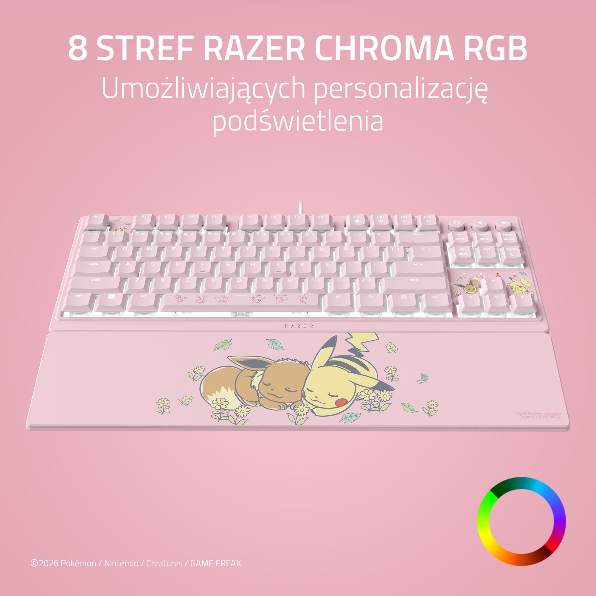 Razer Ornata V3 Tenkeyless Pokémon Pikachu & Eevee - Kompaktowa, płaska klawiatura do gier - Podświetlenie Chroma - Dedykowane multimedialne - klawiszy US QWERTY | Switch membranowe