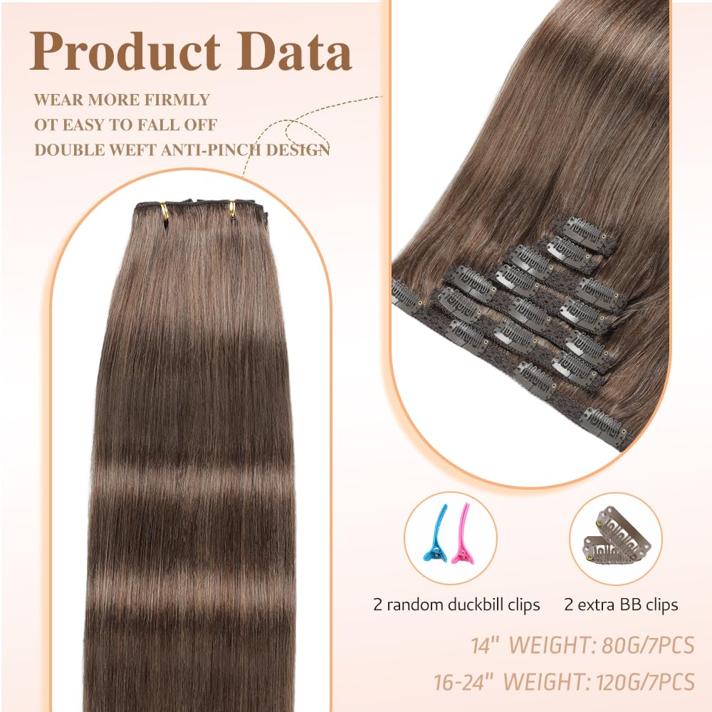 HotLulana Extension Capelli Veri Clip 7pcs 35cm 80g Castano miscelato con Biondo Naturale Extension Capelli Veri Invisible Remy Extensions （14 Pollice,M2/6/613#）