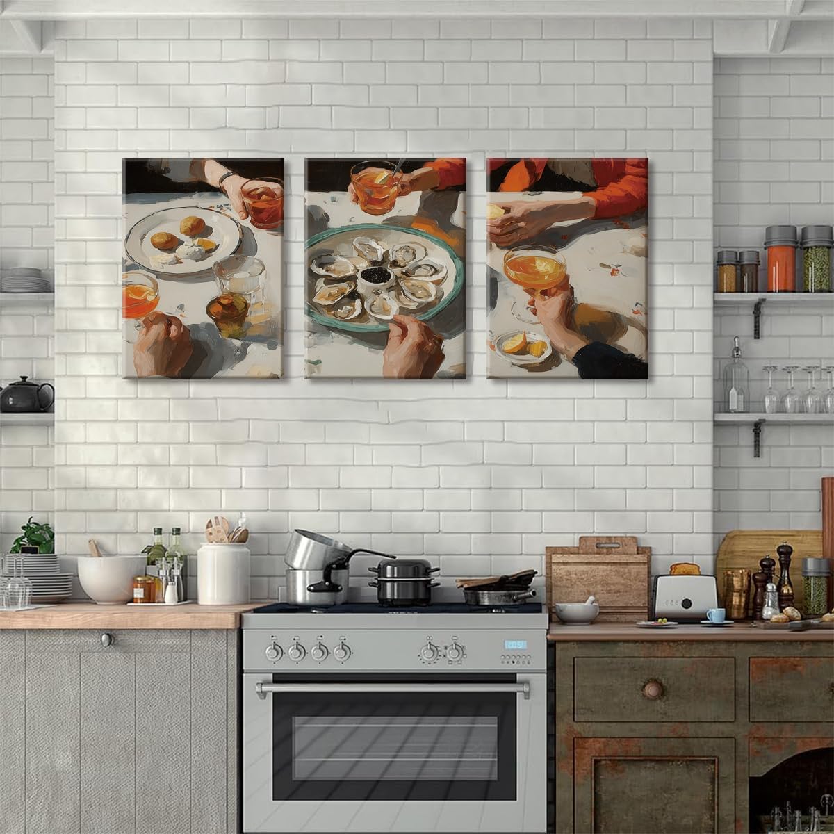 WOKAOGO Oyster Wall Art Bar Cart Pictures Wall Decor Coastal Cafe Print, Summer Bar Wall Art Retro Drinks Cheers Canvvas Art Prints Trendy Cocktail Poster Painting For Kitchen Dining Room