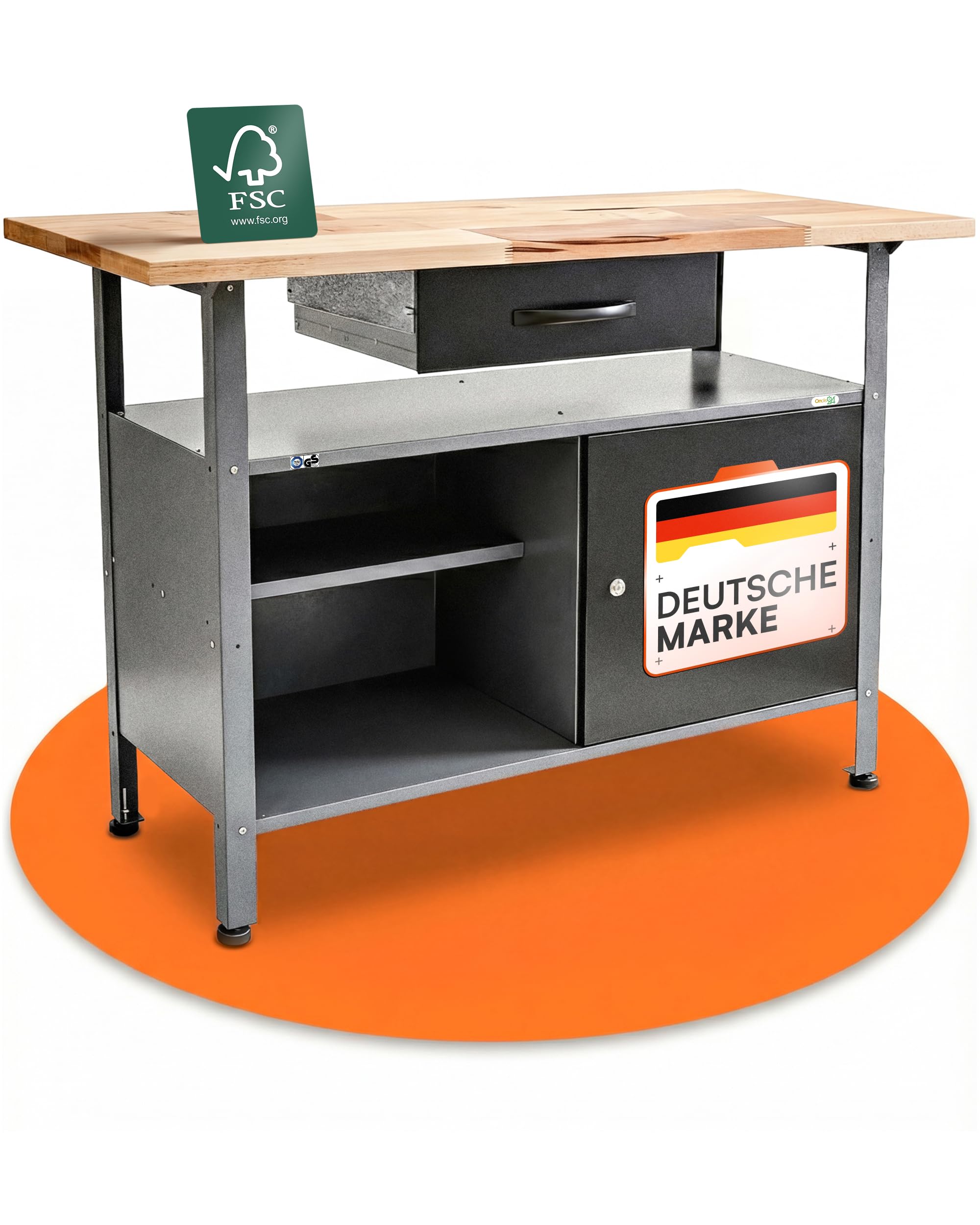 Ondis24 Stół warsztatowy Klaus 120 cm, metalowe drzwi zamykane, nogi z regulacją wysokości, wysokość robocza 85 cm, czarny blat bukowy