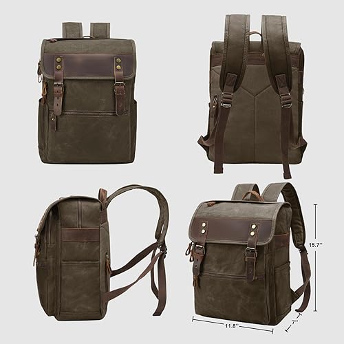 Miniatura 2 de Mochila vintage de lona encerada, estilo casual, de piel auténtica, para computadora portátil, mochila de viaje para hombres y mujeres, Verde